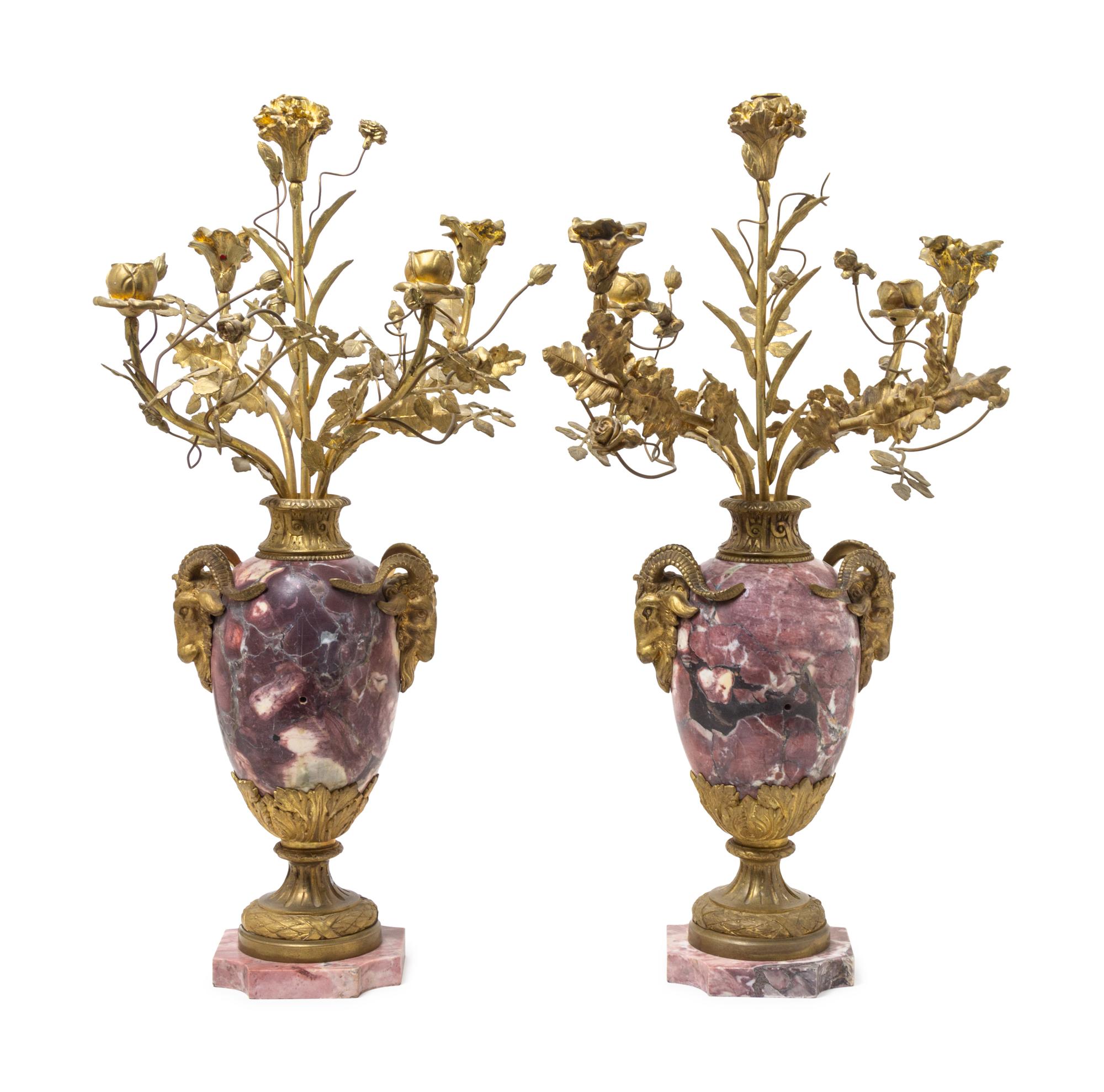 A Pair of Gilt Bronze Mounted Marble Five-Light Candelabra