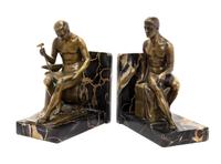 A Pair of Continental Figural Bronze and Marble Bookends Width of each overall 7 inches.