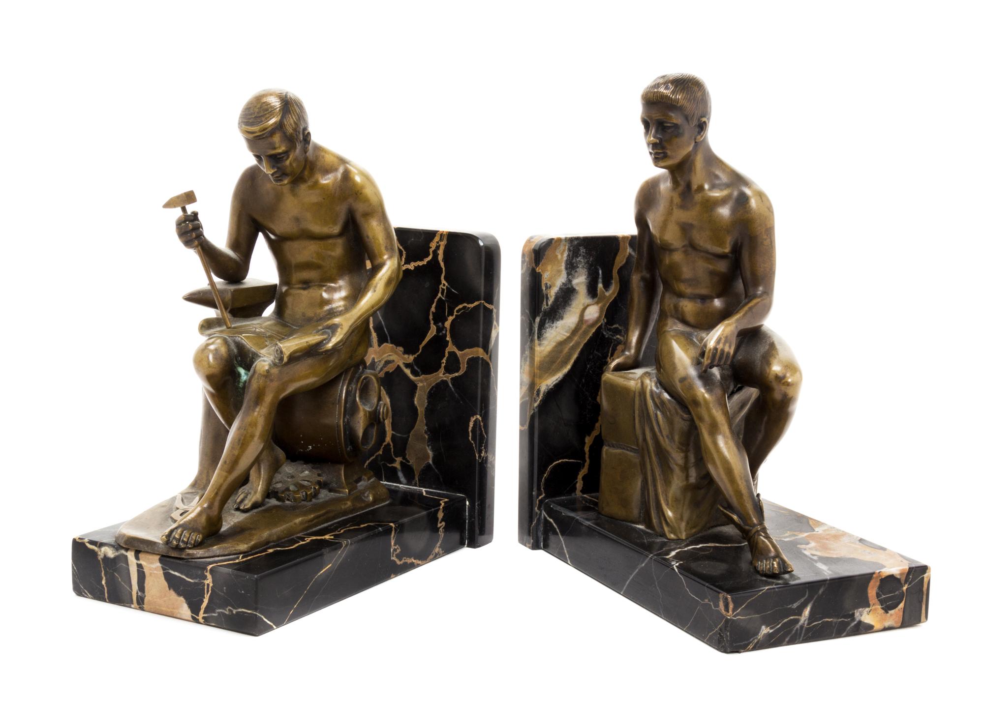 A Pair of Continental Figural Bronze and Marble Bookends Width of each overall 7 inches.