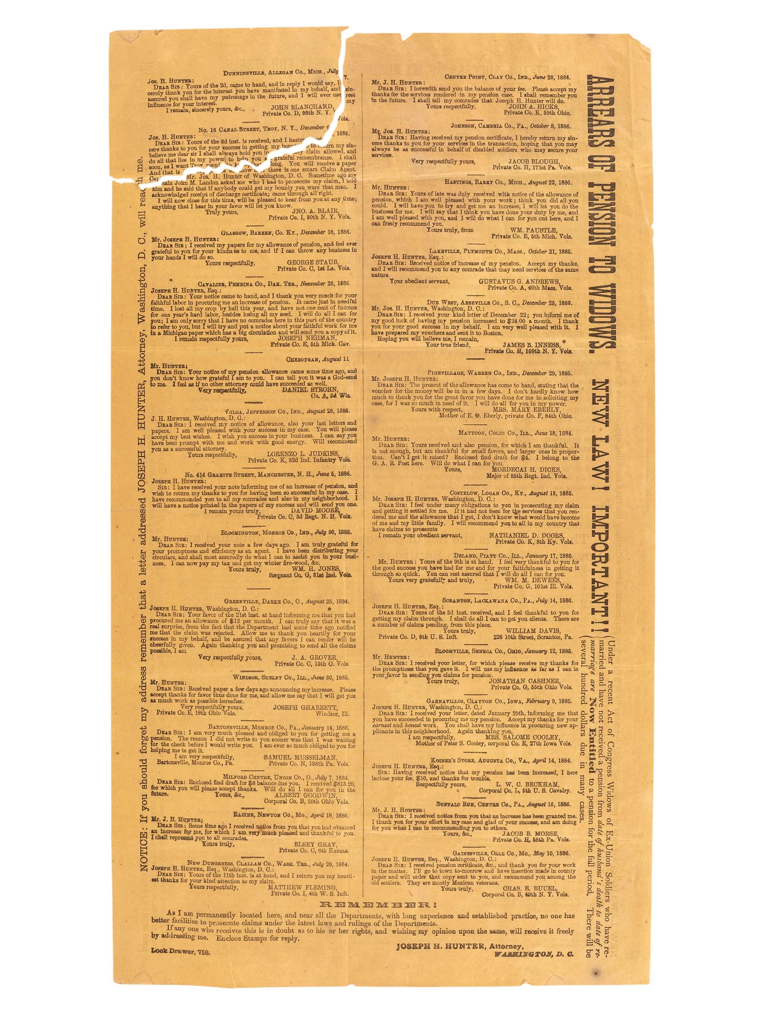 [CIVIL WAR]. Post-war broadside regarding Civil War soldiers' pensions. Washington, DC: 1887.