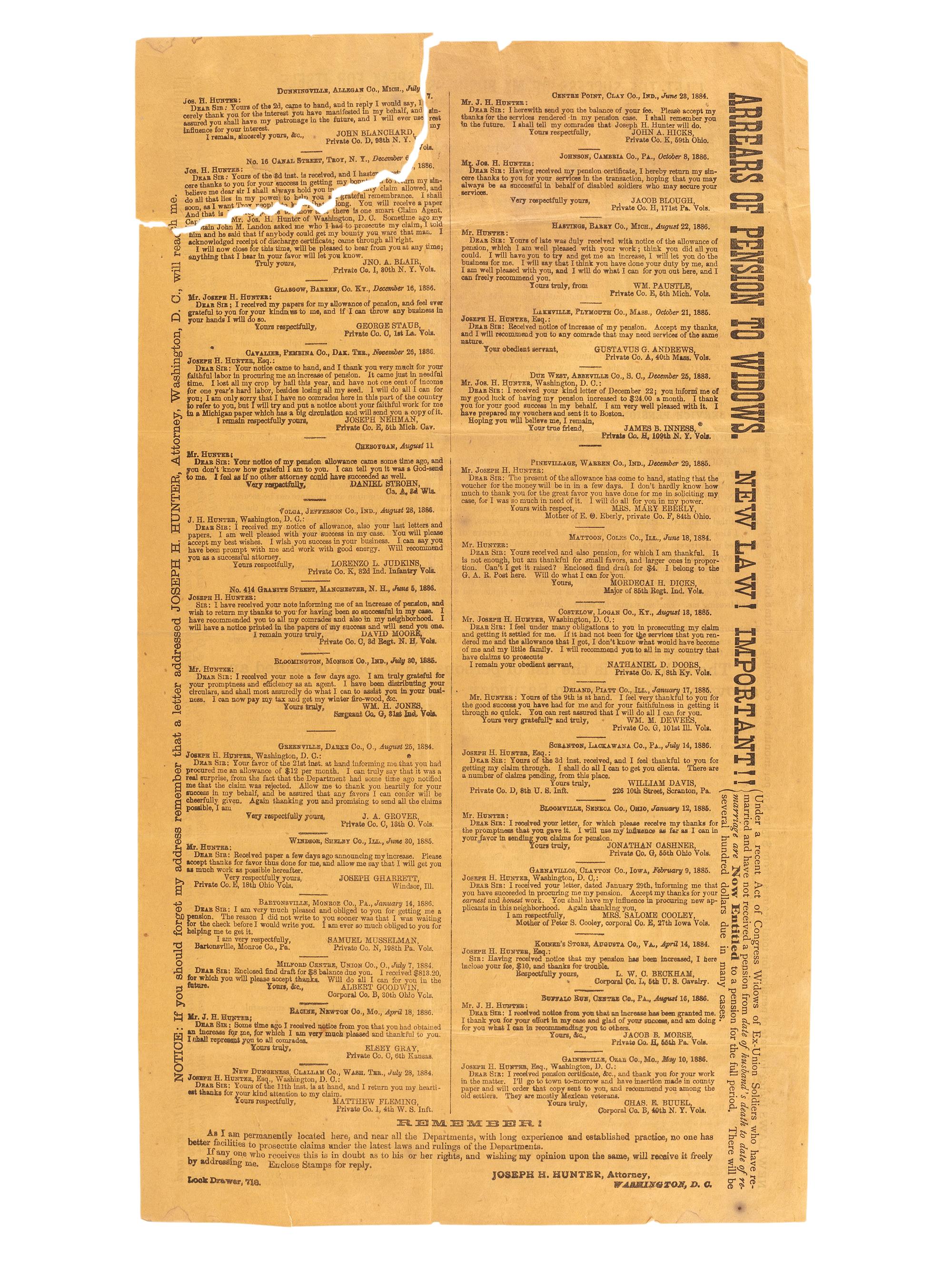 [CIVIL WAR]. Post-war broadside regarding Civil War soldiers' pensions. Washington, DC: 1887.