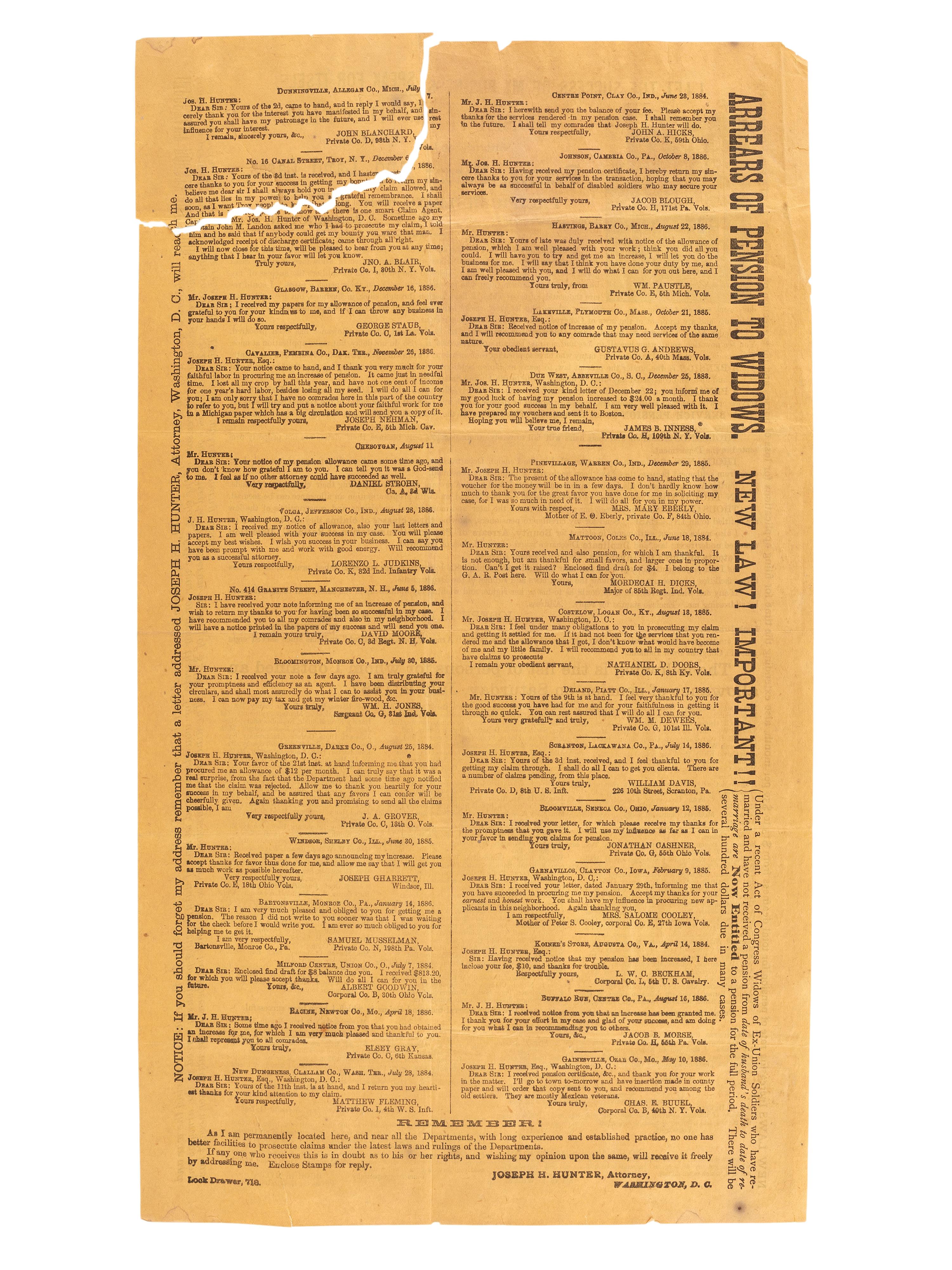 [CIVIL WAR]. Post-war broadside regarding Civil War soldiers' pensions. Washington, DC: 1887.