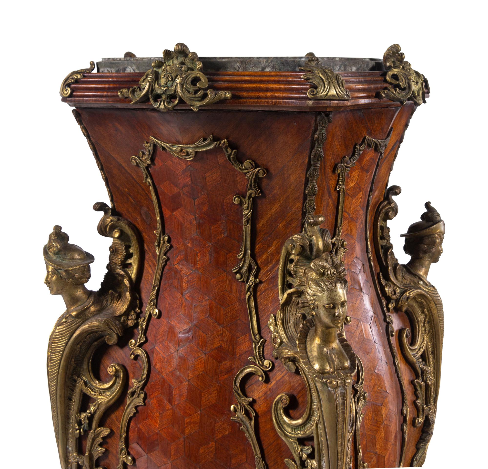 A Pair of Louis XV Style Gilt Bronze Mounted Parquetry Marble-Top Pedestals