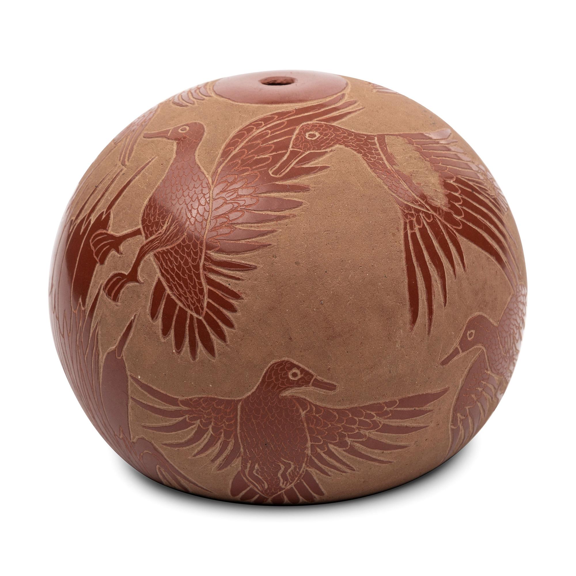 Redware Sgraffito Pottery Seed Jar, with Ducks