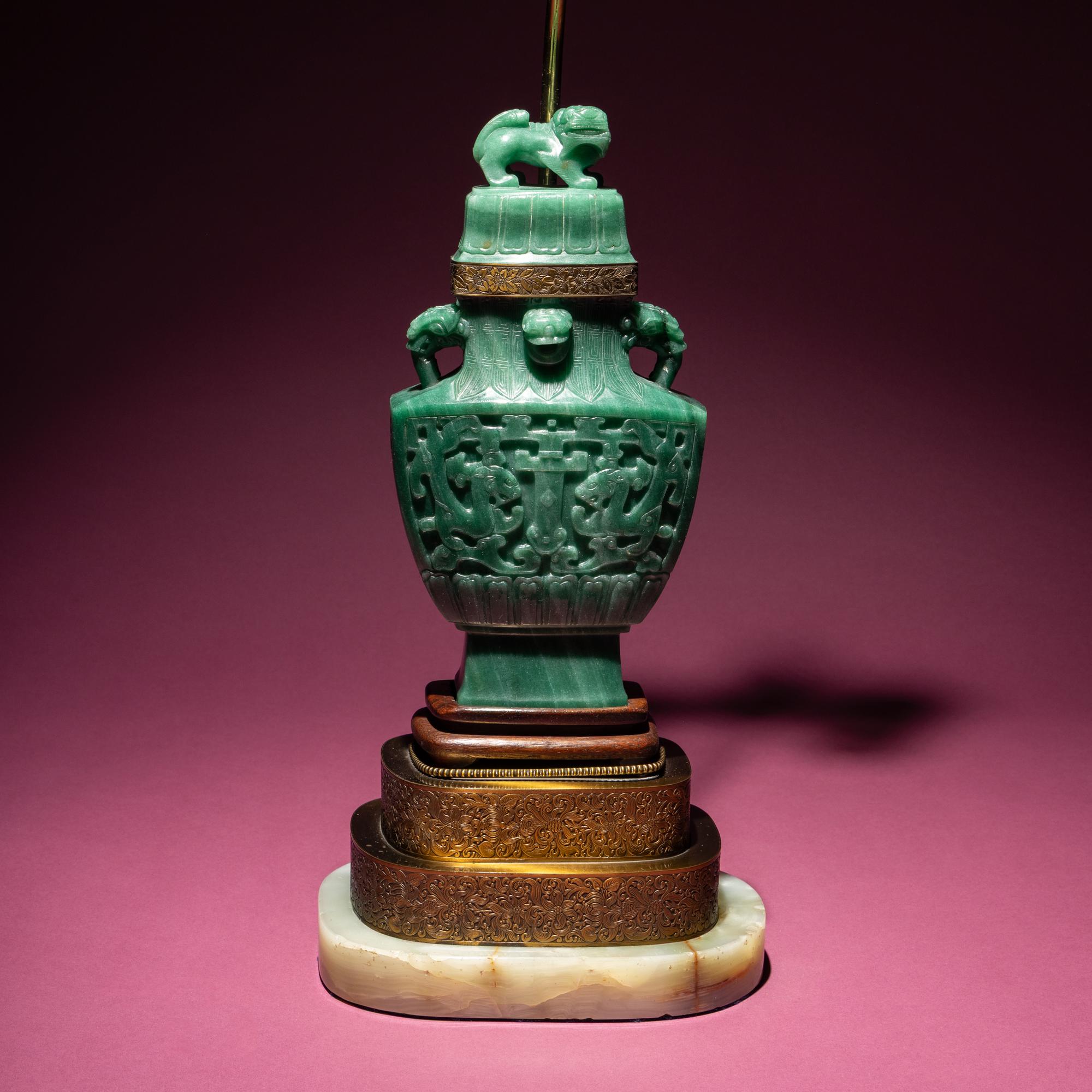 A Chinese Carved Aventurine Quartz ‘Chilong’ Covered Vase, 20th Century — 近代 東陵玉雕螭龍紋賞瓶