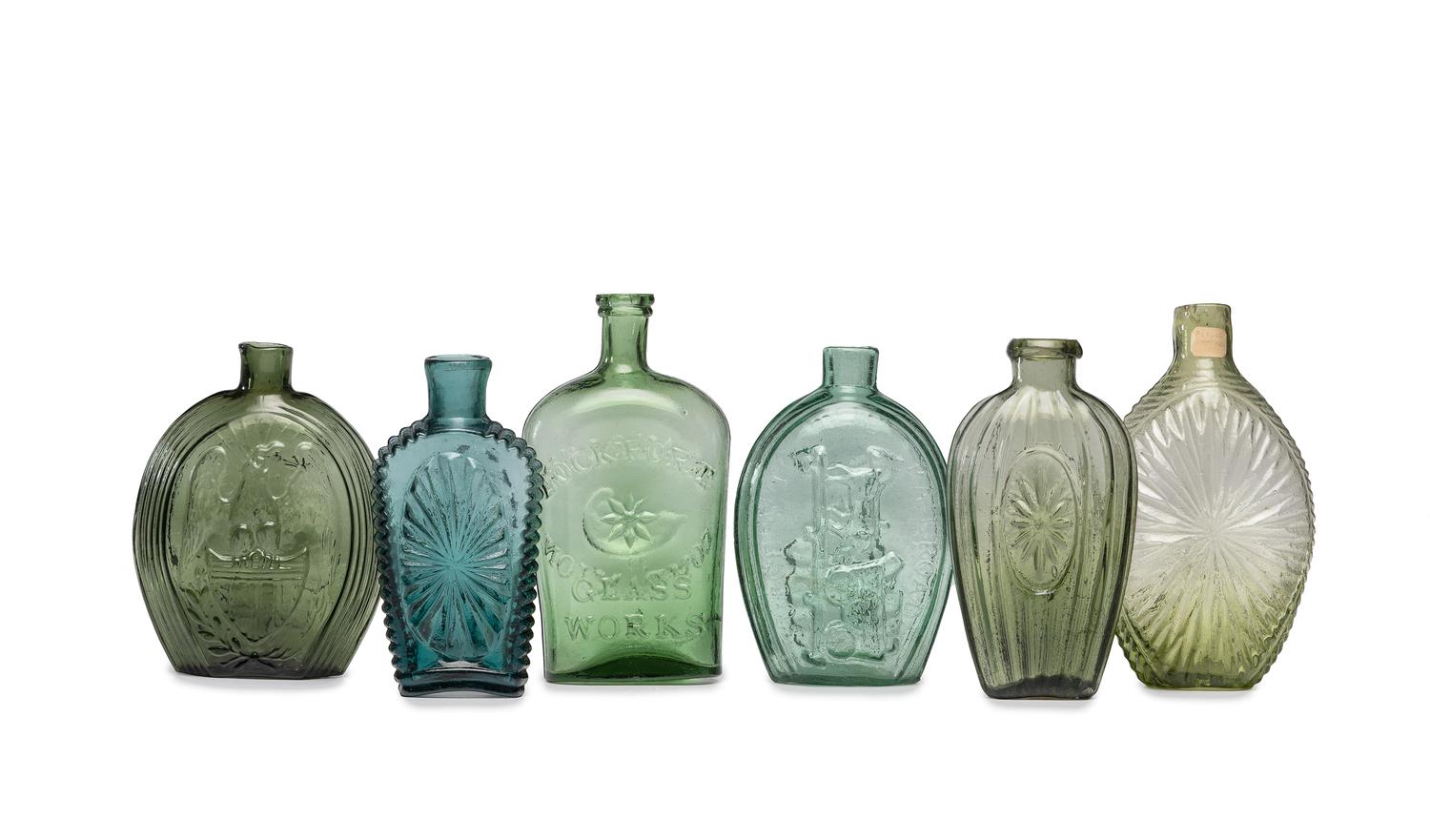 Six Molded Glass Green and Olive Flasks