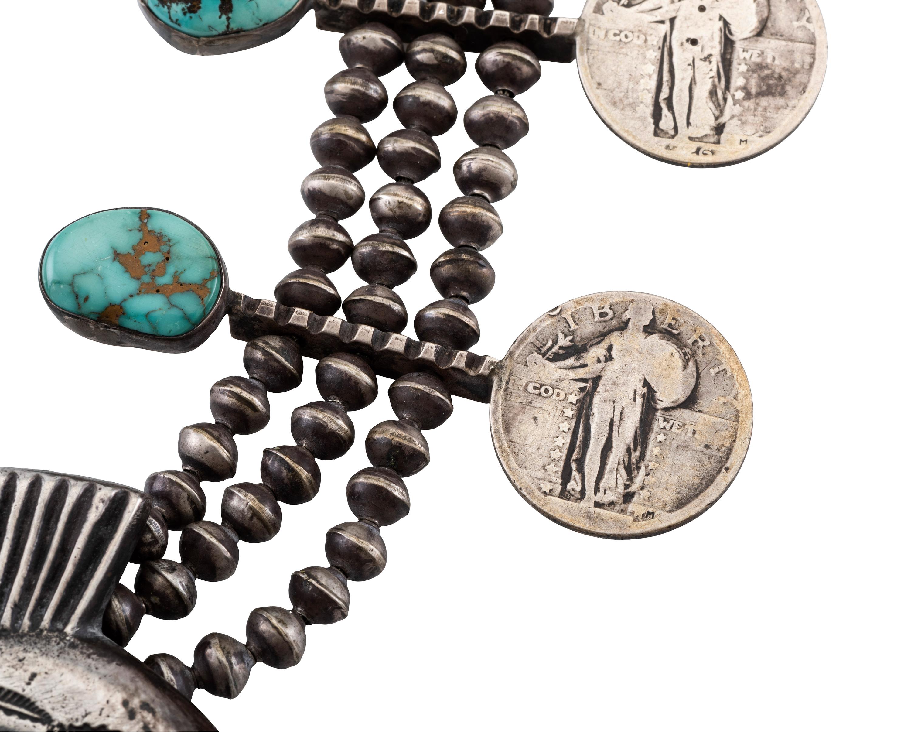 Navajo Silver and Turquoise Squash Blossom Necklace