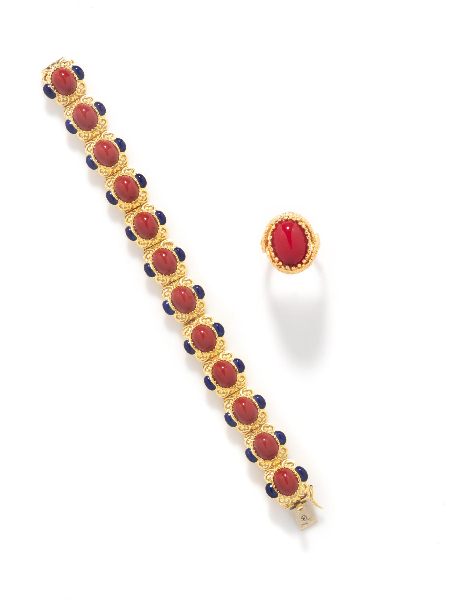 COLLECTION OF YELLOW GOLD, IMITATION RED STONE, AND ENAMEL JEWELRY