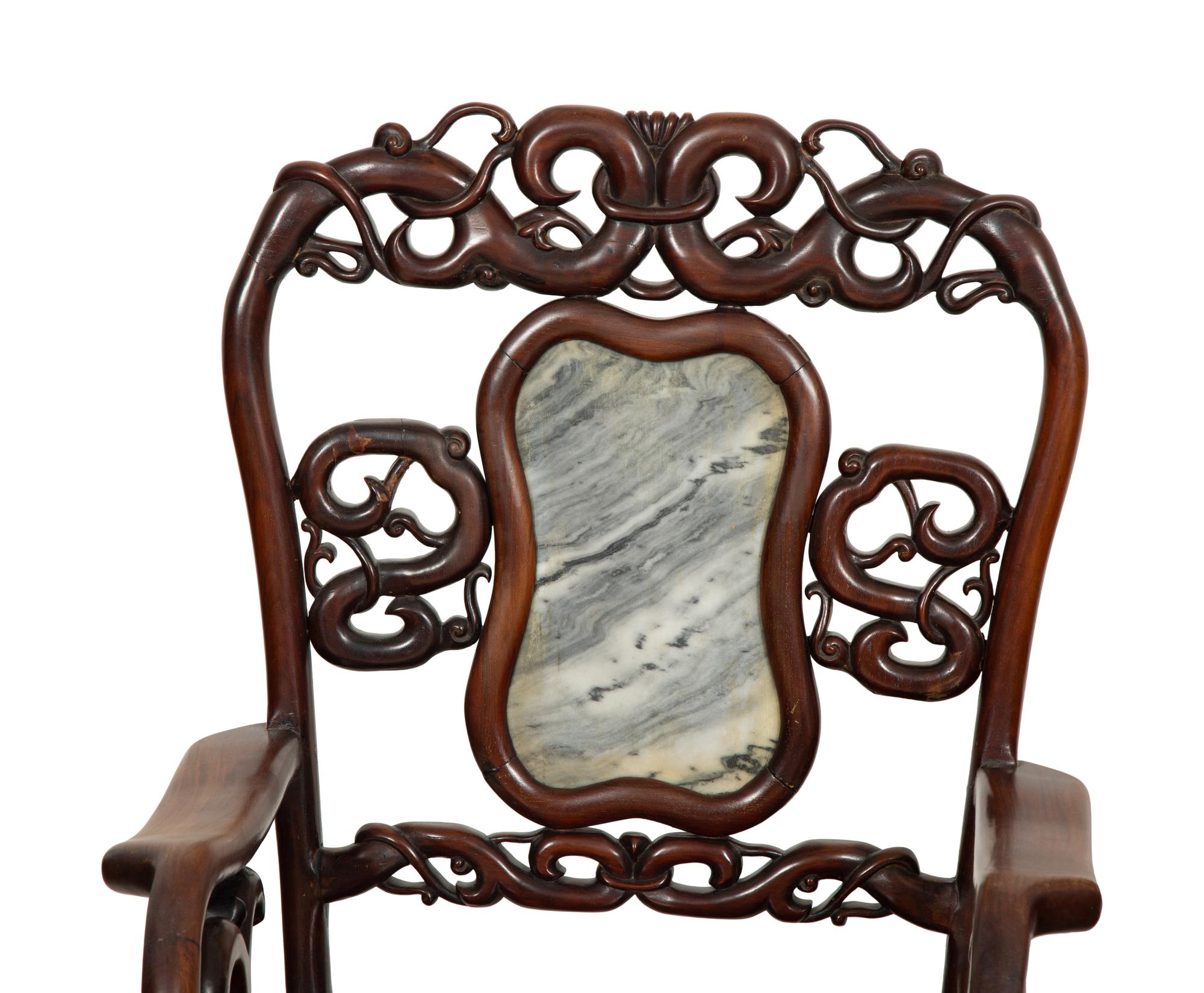 A Pair of Chinese Marble-Inset Hardwood Armchairs