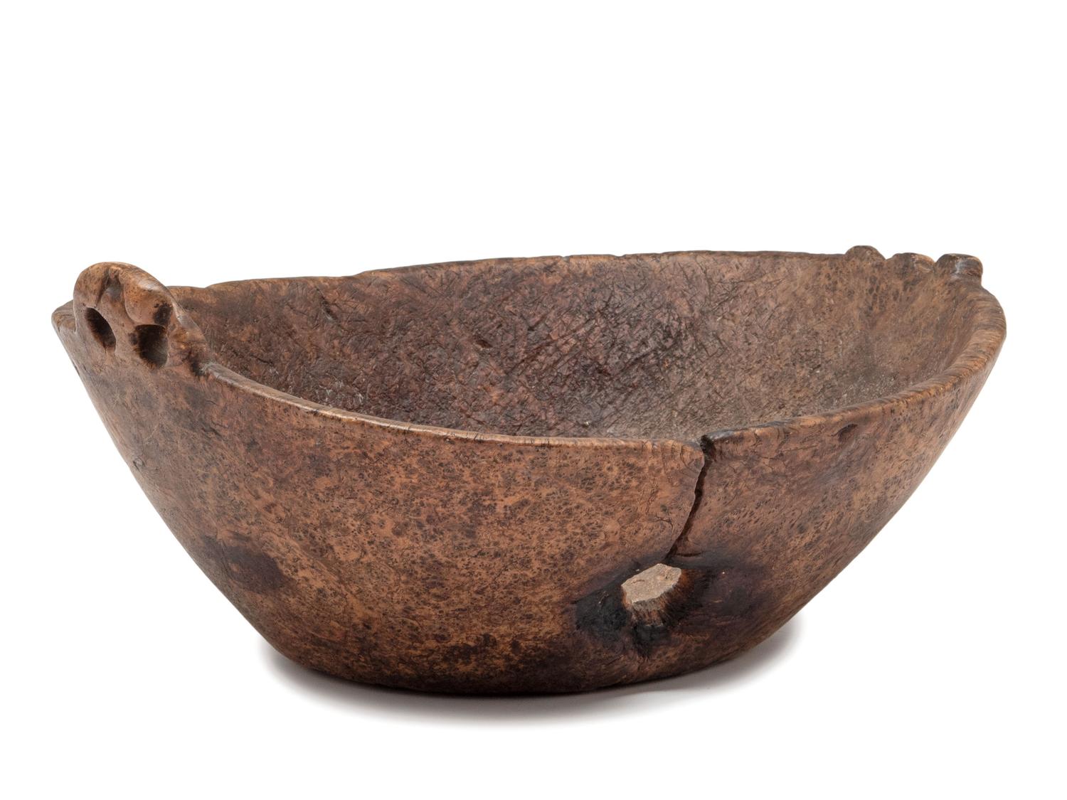 A Carved Wood Handled Burlwood Bowl