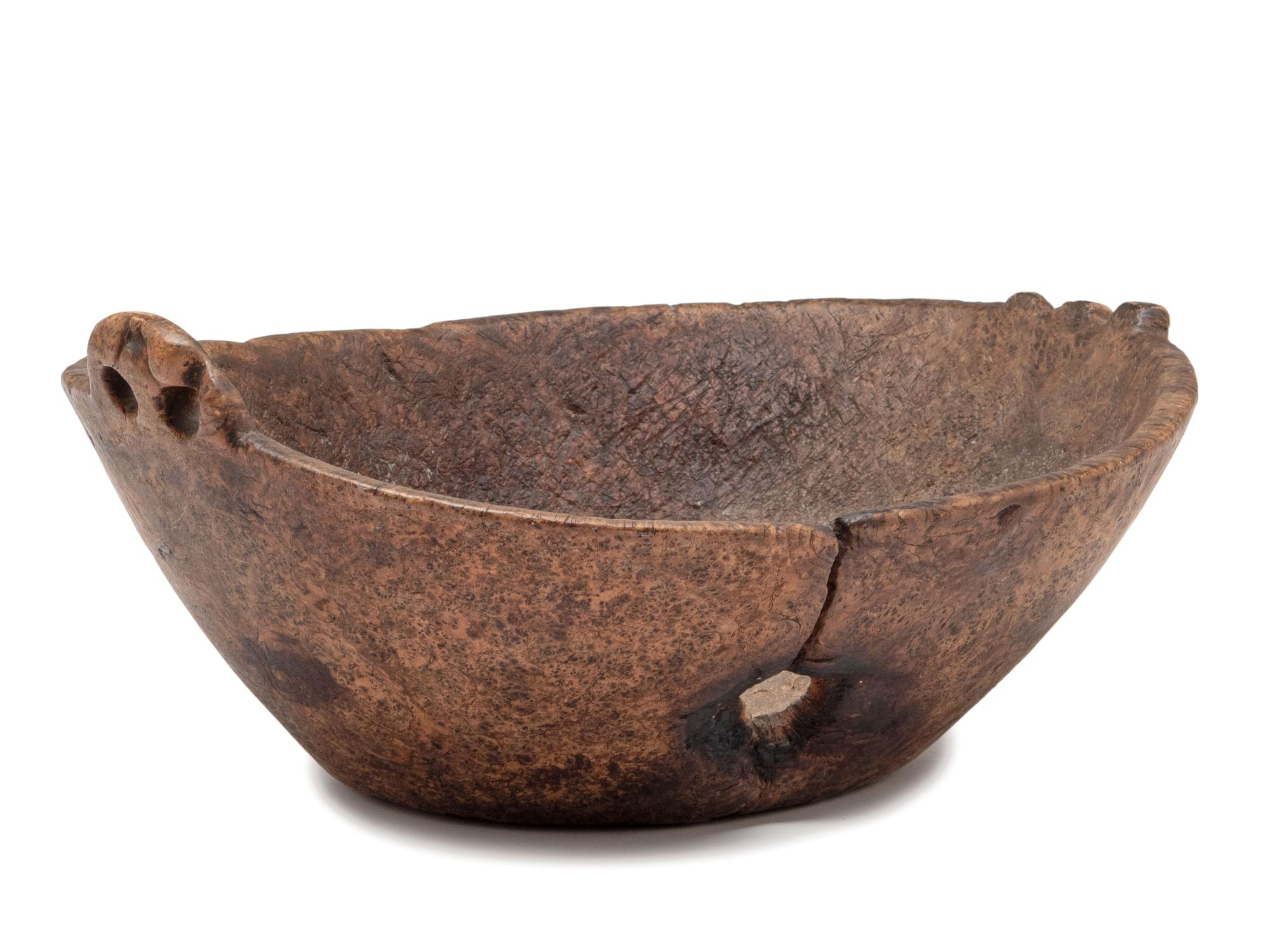 A Carved Wood Handled Burlwood Bowl
