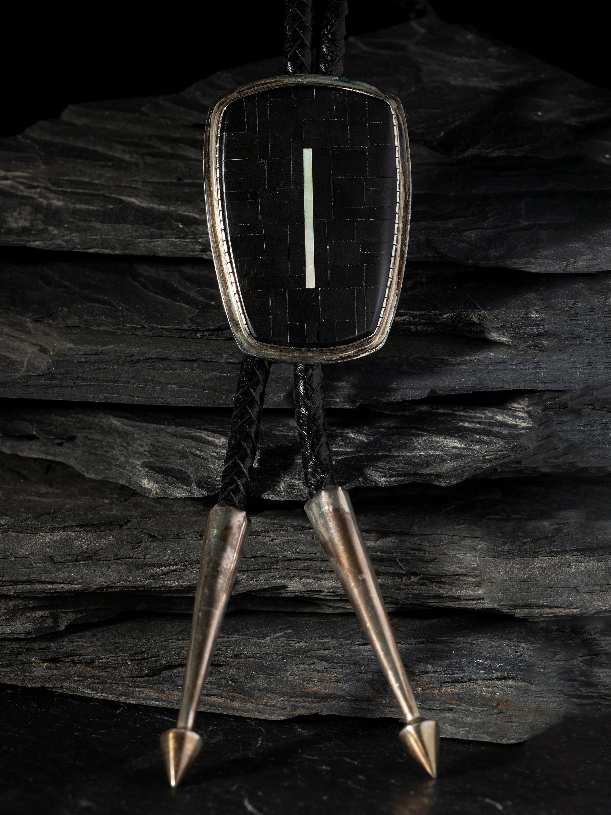 Silver Bolo, with Jet and Shell Mosaic Inlay