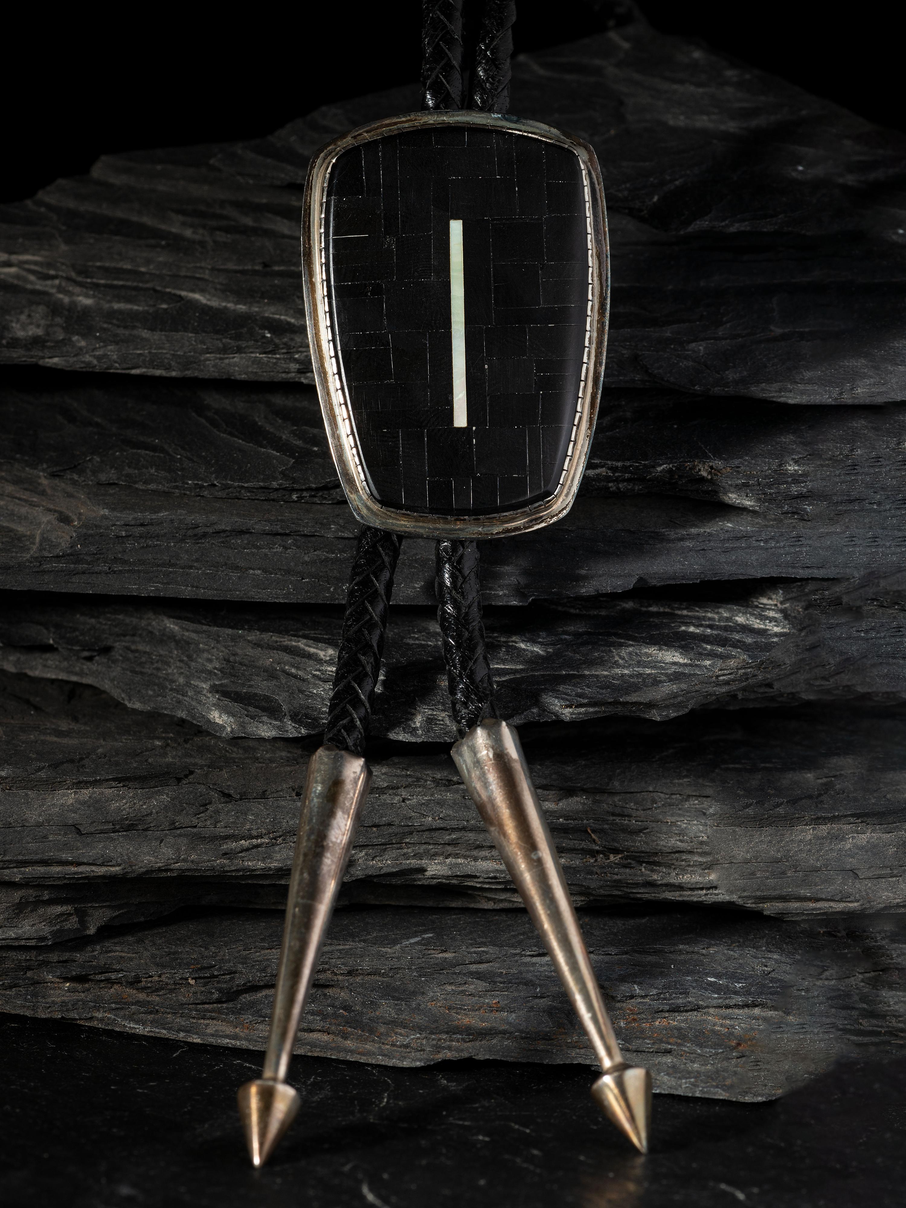 Silver Bolo, with Jet and Shell Mosaic Inlay