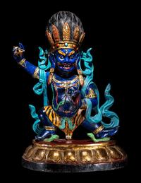 A Large Tibetan Polychrome Painted Wood Figure of a Mahākāla