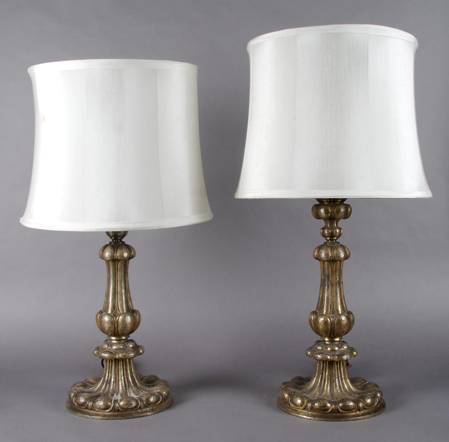 A Pair of Silvered Metal Lamps, Height overall 28 3/4 inches.