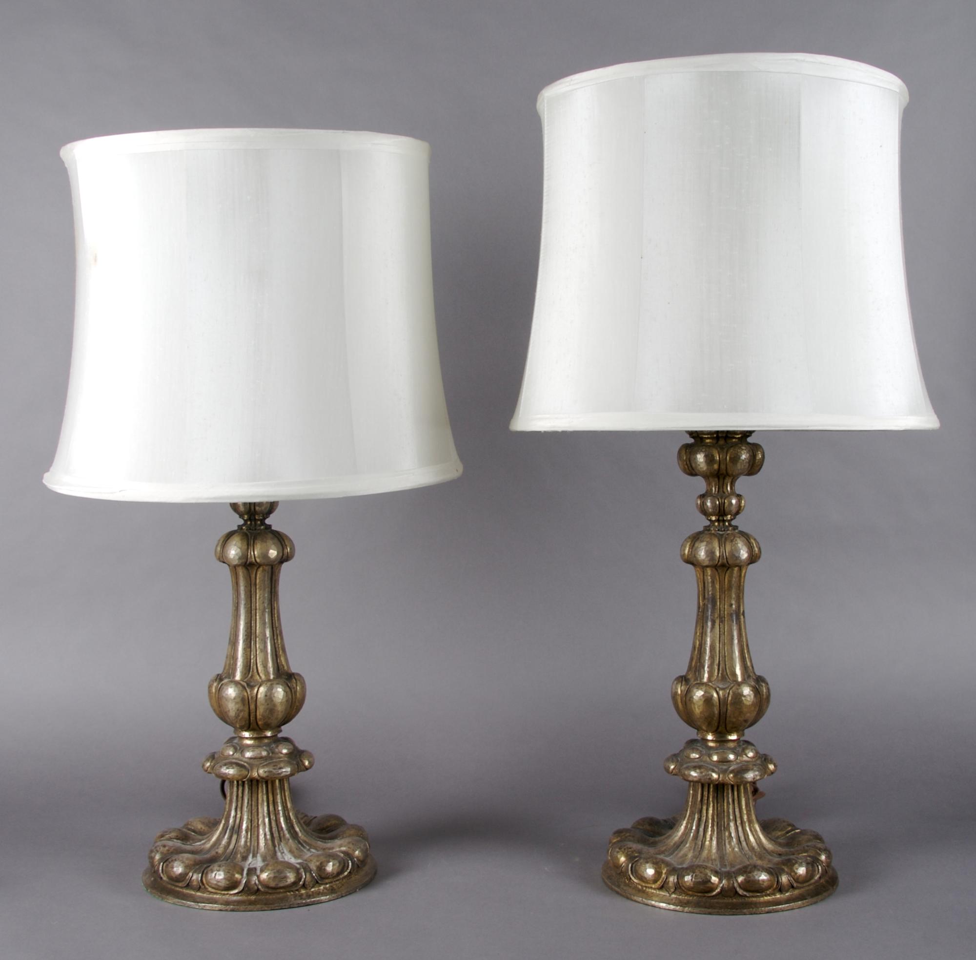 A Pair of Silvered Metal Lamps, Height overall 28 3/4 inches.