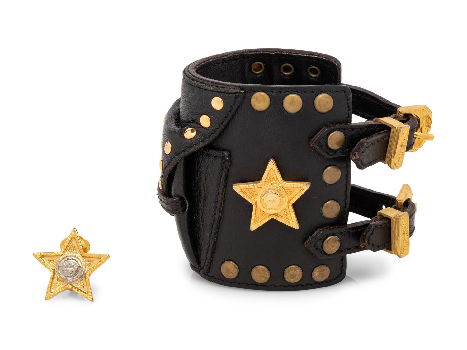 Gianni Versace Black Leather Cuff w/Matching Ear Clip, 1993