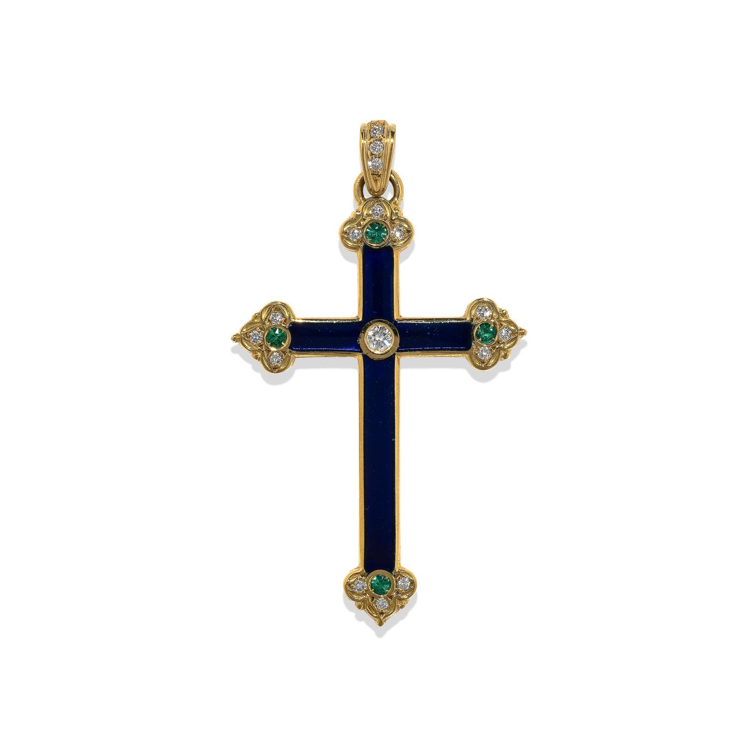 FABERGÉ, DIAMOND, EMERALD, AND ENAMEL CROSS PENDANT
