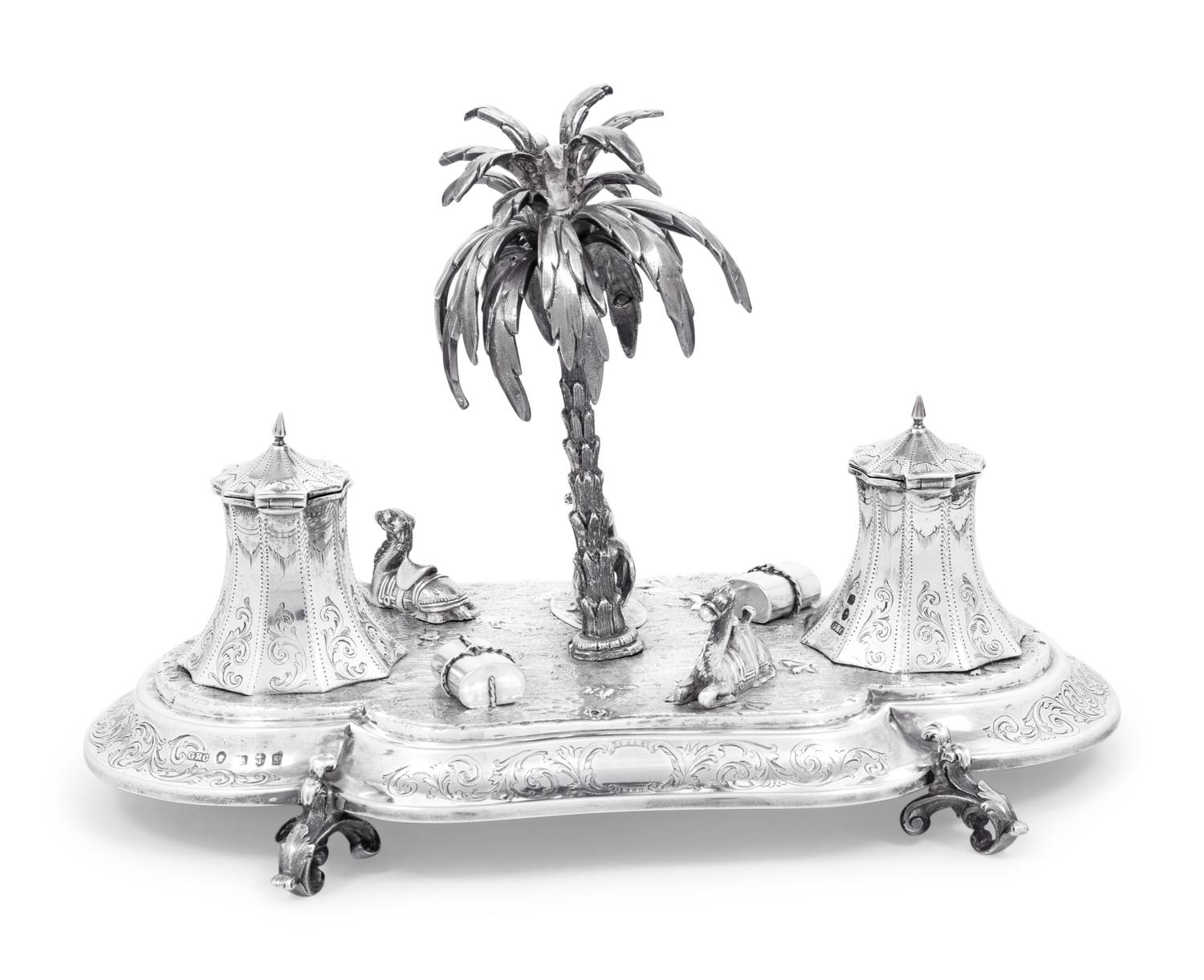 A Victorian Orientalist Silver Ink Stand