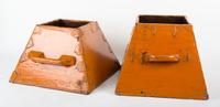 Two Orange Painted Wood Planters Height of largest 12 1/4 inches.