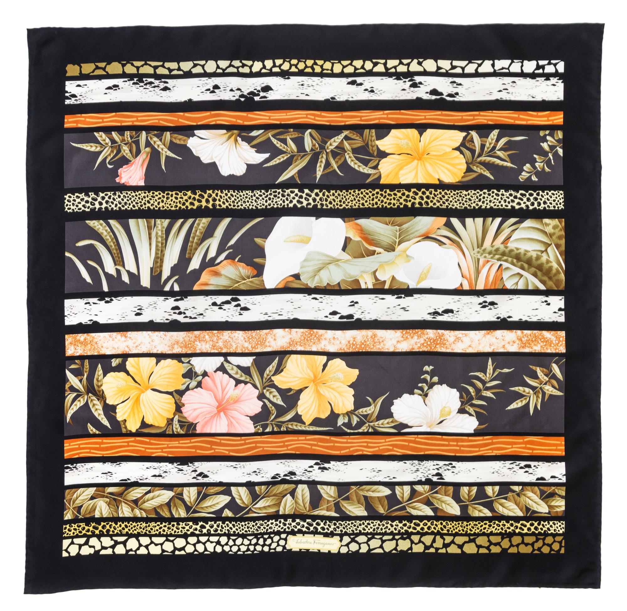 A Ferragamo 90cm Black Silk Floral Print Scarf, 36" x 36".
