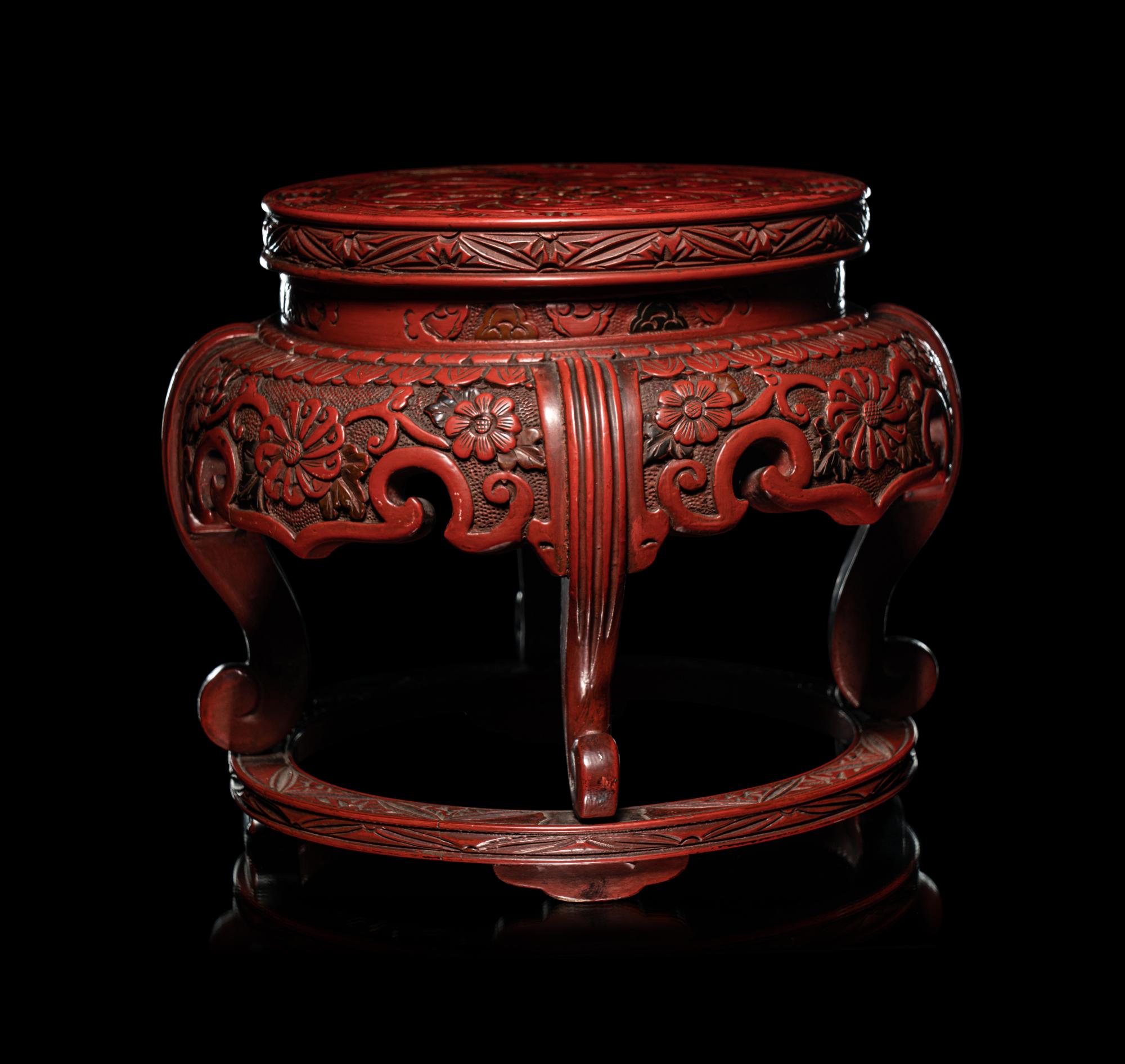 A Pair of Japanese Carved Cinnabar Lacquer Stands