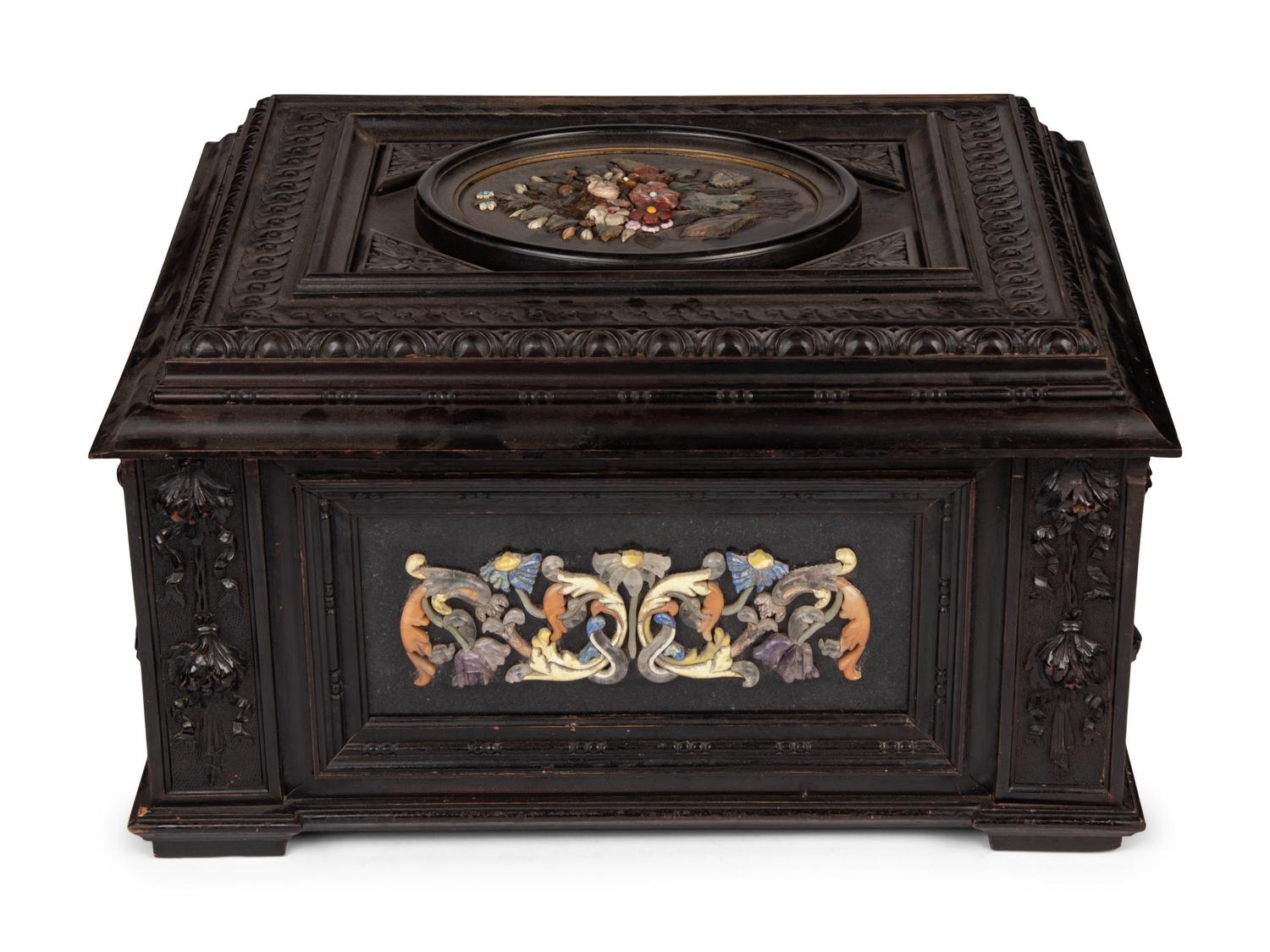 A Continental Baroque Style Hardstone Mounted Ebonized Table Casket