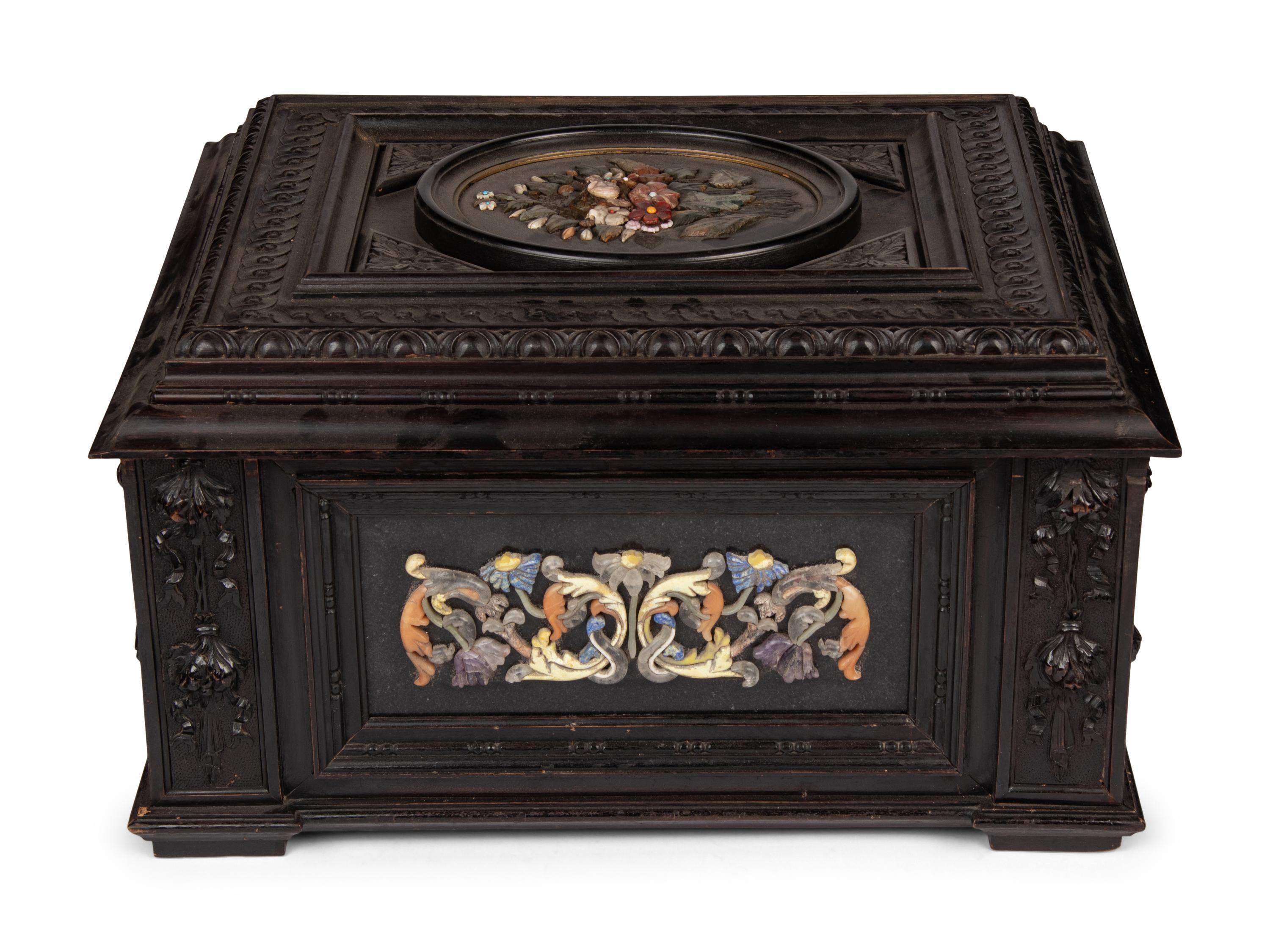 A Continental Baroque Style Hardstone Mounted Ebonized Table Casket