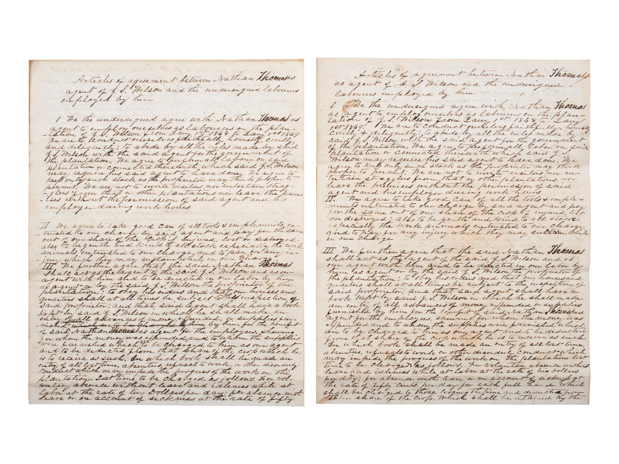 [SLAVERY & ABOLITION] -- [RECONSTRUCTION]. Labor contracts, "Rules & Regulations," and other documents associated with freedmen working on the South Carolina plantation of John S. Wilson, 1865-1868.