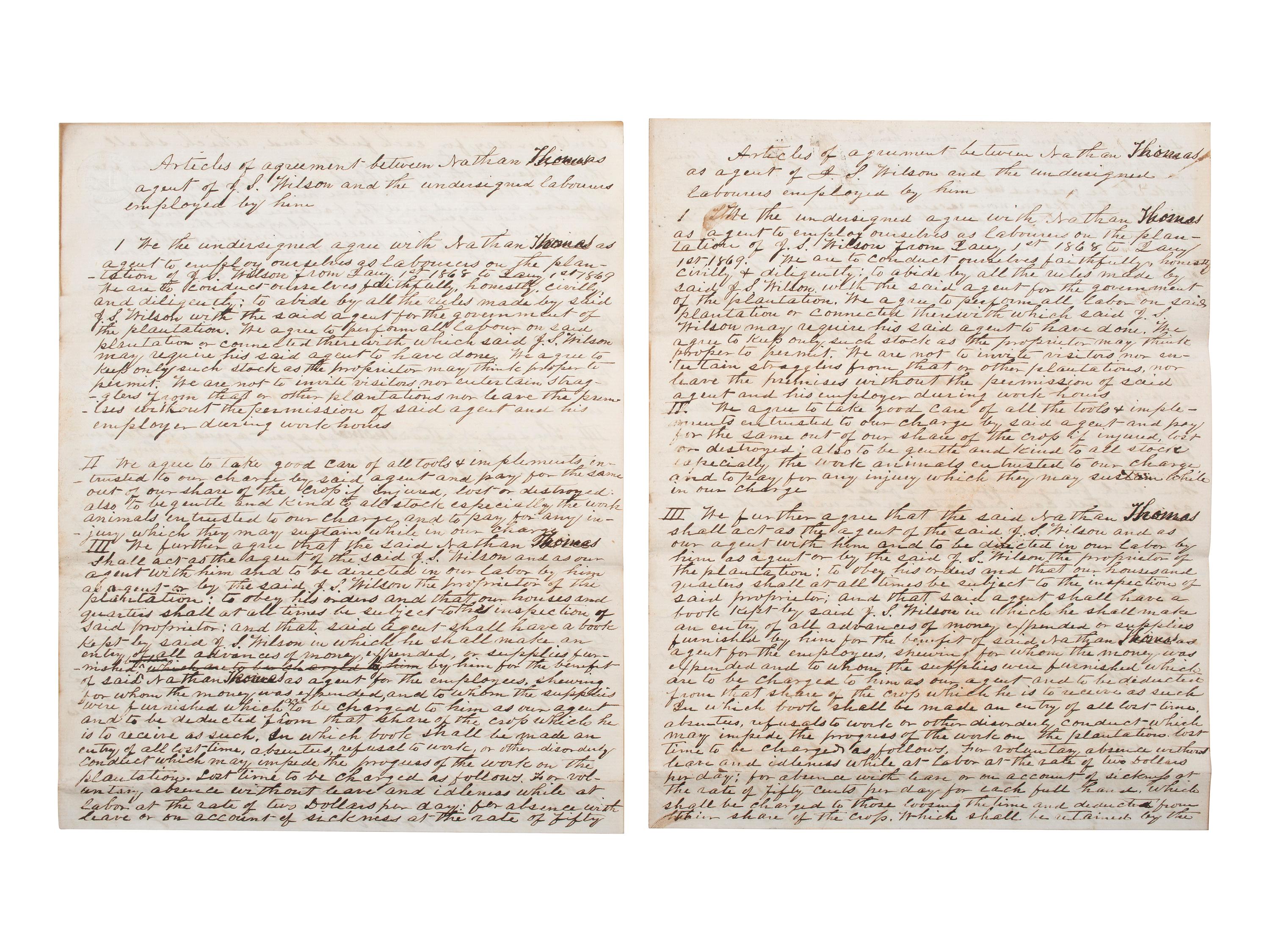 [SLAVERY & ABOLITION] -- [RECONSTRUCTION]. Labor contracts, "Rules & Regulations," and other documents associated with freedmen working on the South Carolina plantation of John S. Wilson, 1865-1868.
