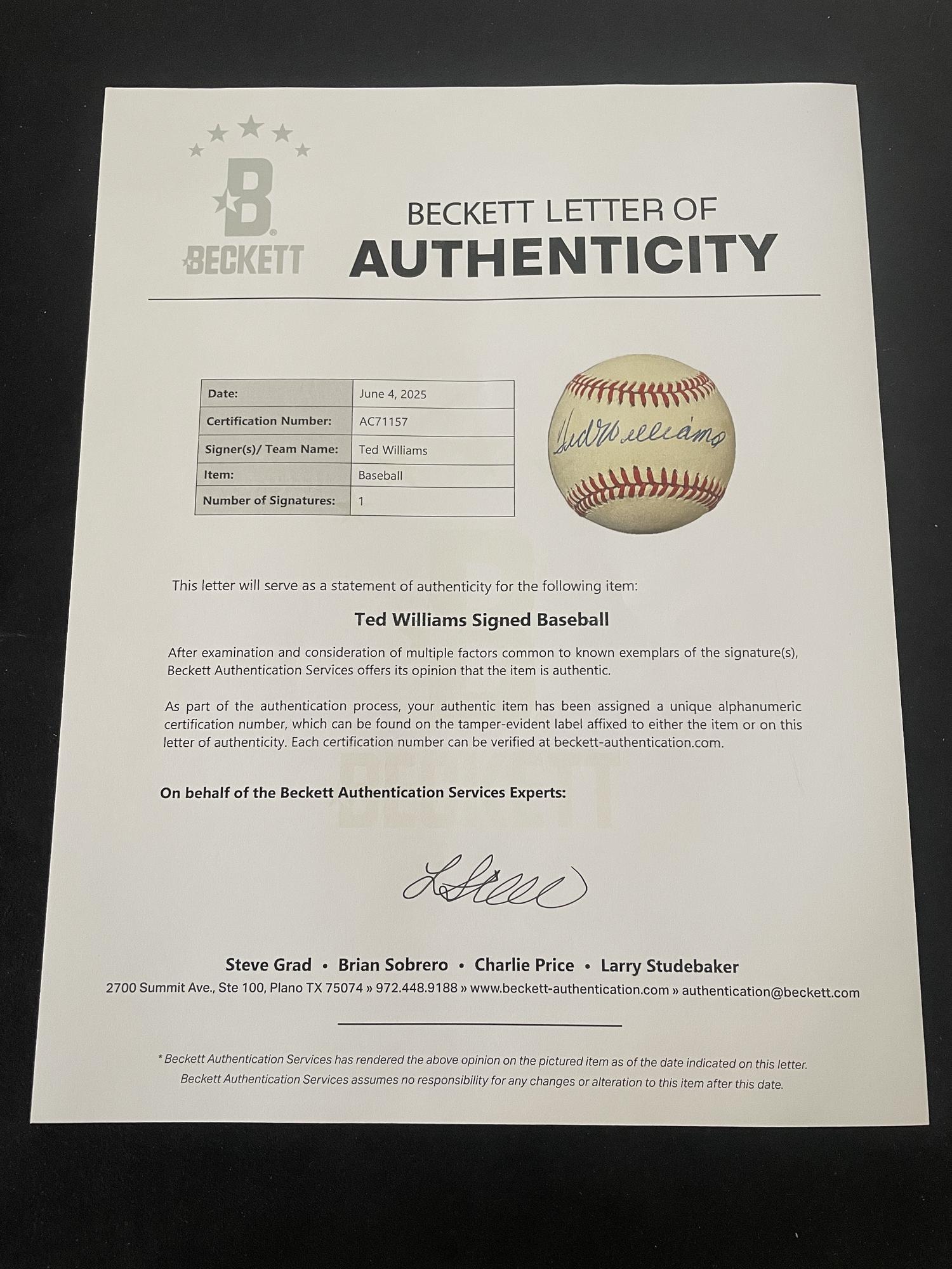 A Ted Williams Single Signed Autograph Baseball (Beckett Authentication Services)