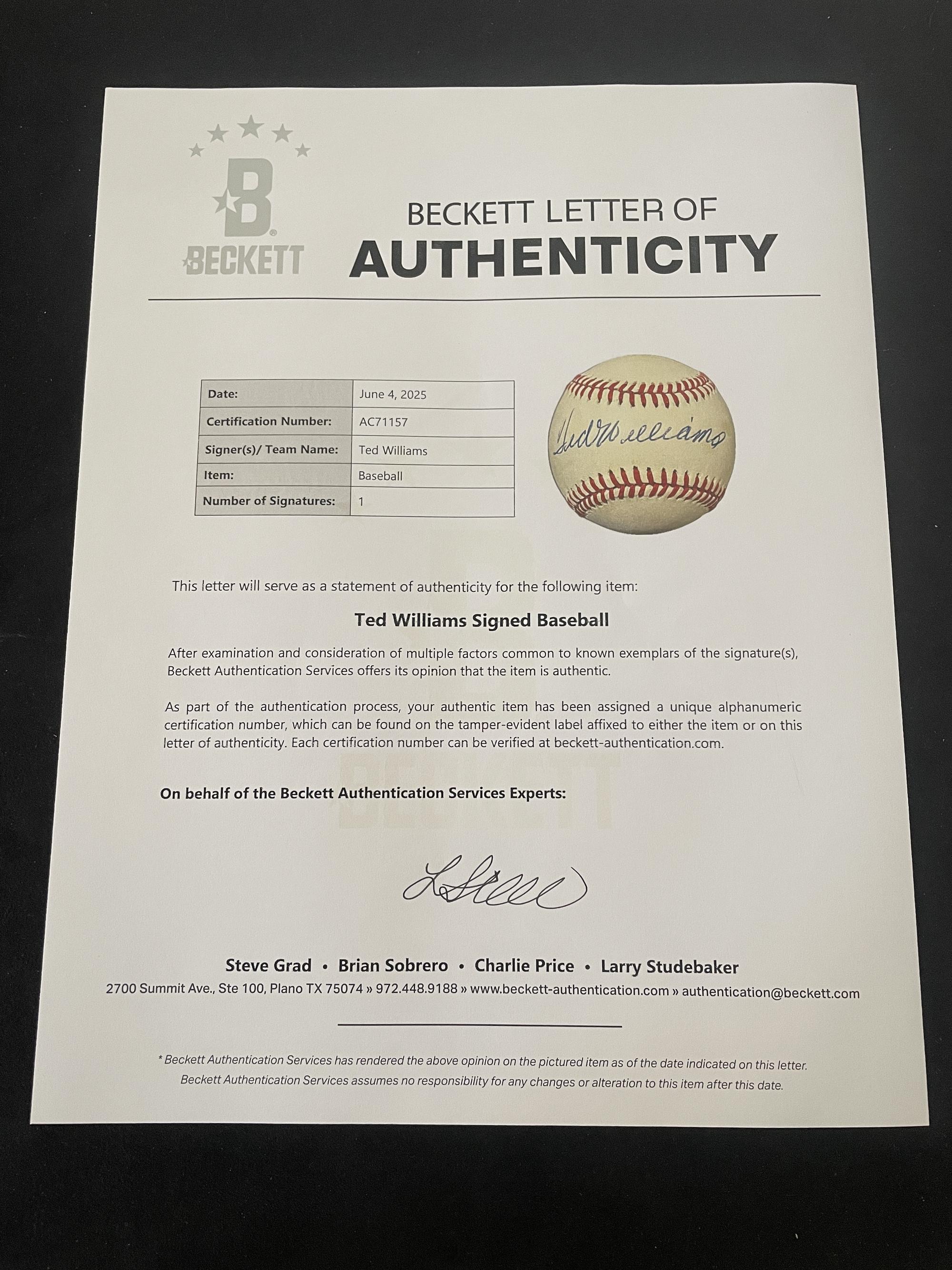 A Ted Williams Single Signed Autograph Baseball (Beckett Authentication Services)