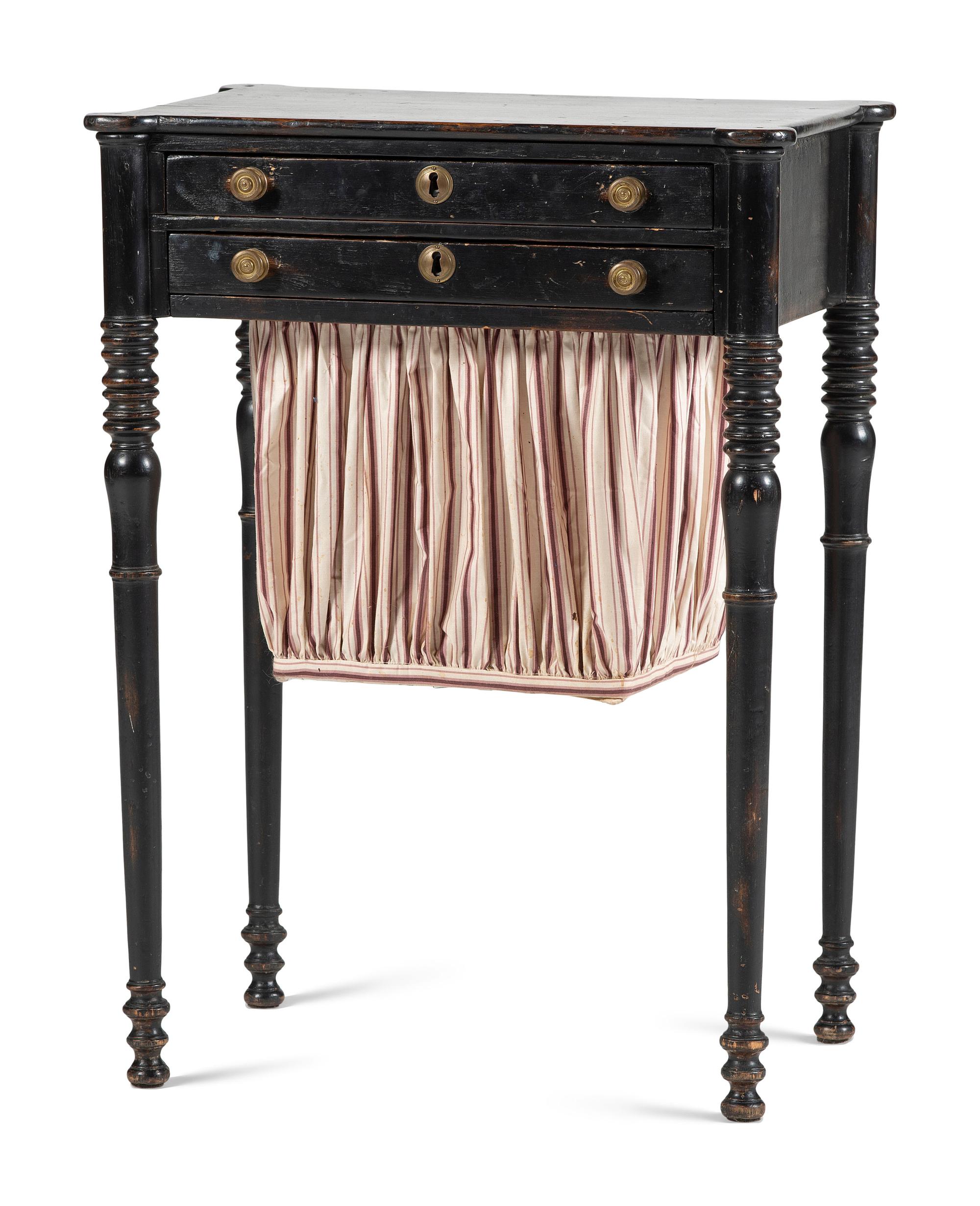 A Federal Turned and Black-Painted Maple Two-Drawer Sewing Table