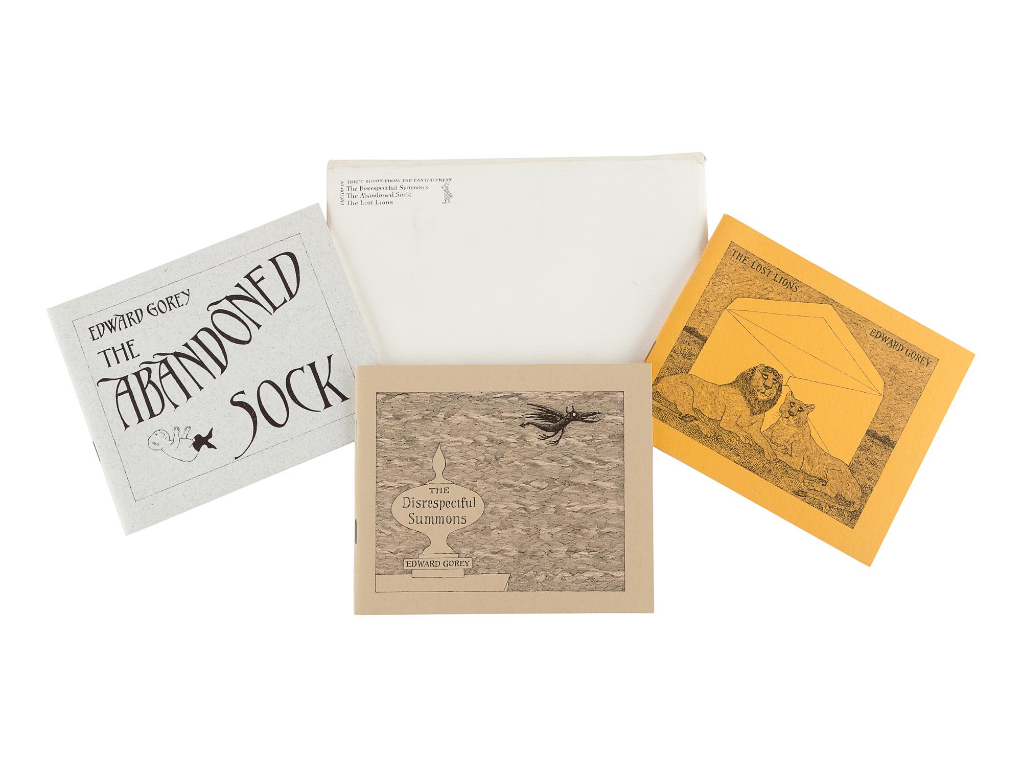 GOREY, Edward (1995-2000). Three Books from the Fantod Press , Set IV: The Abandoned Sock ; The Disrespectful Summons ; The Lost Lions . N.p.: The Fantod Press, 1973.