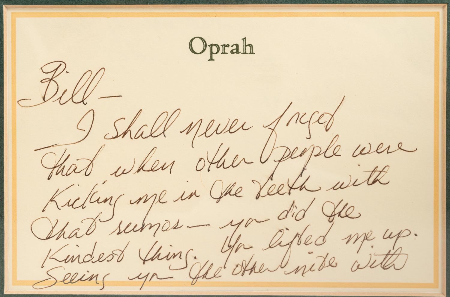 (Celebrity Memorabilia). WINFREY. Oprah (1967). A handwritten note from Oprah Winfrey (1954) to Bill Zwecker, written in 1987.