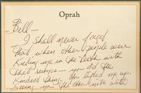 (Celebrity Memorabilia). WINFREY. Oprah (1967). A handwritten note from Oprah Winfrey (1954) to Bill Zwecker, written in 1987.