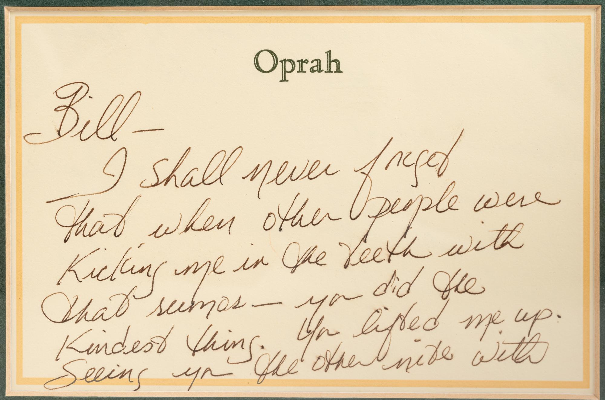(Celebrity Memorabilia). WINFREY. Oprah (1967). A handwritten note from Oprah Winfrey (1954) to Bill Zwecker, written in 1987.