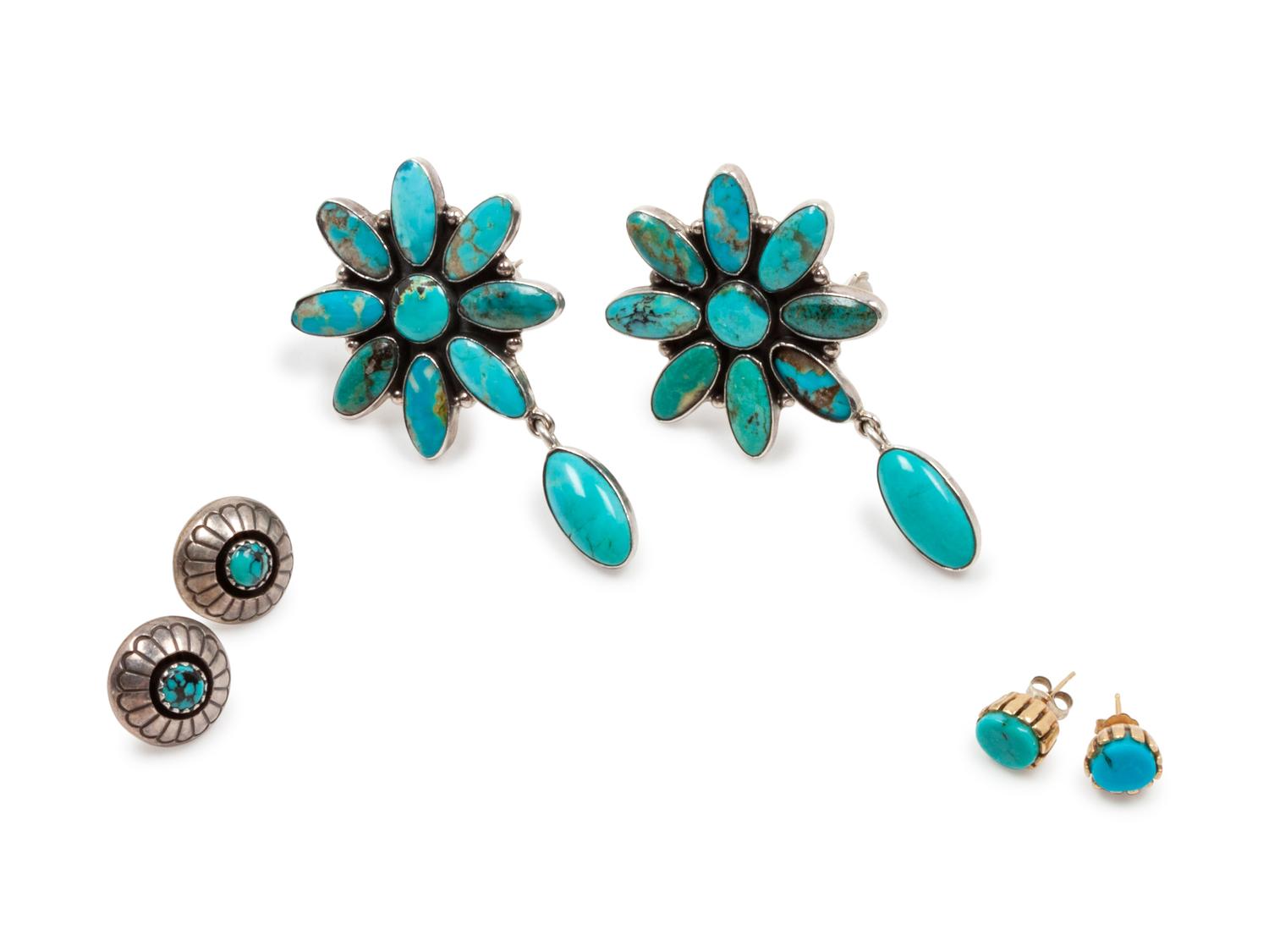 Silver and Turquoise Ear Clips, together with two additional pairs of earrings
