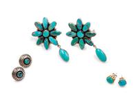 Silver and Turquoise Ear Clips, together with two additional pairs of earrings
