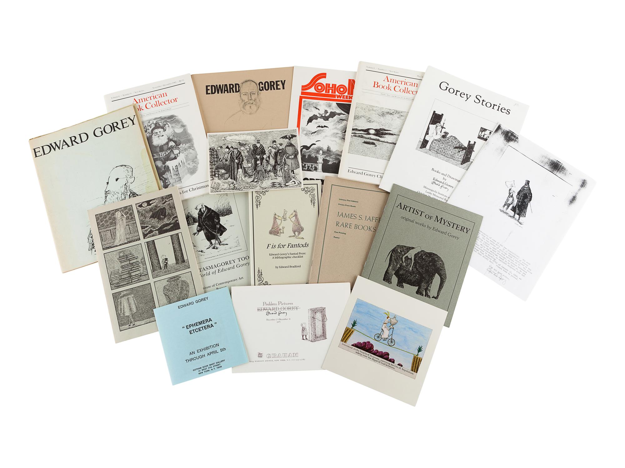 GOREY, Edward. A group of exhibition catalogues and announcements, checklists, and bookseller catalogues, including: