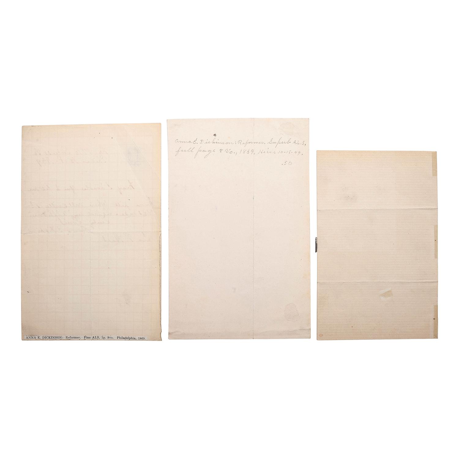 [ABOLITION] -- [WOMEN'S RIGHTS]. DICKINSON, Anna Elizabeth (1842-1932). A group of 3 autograph letters signed and CDV, comprising: