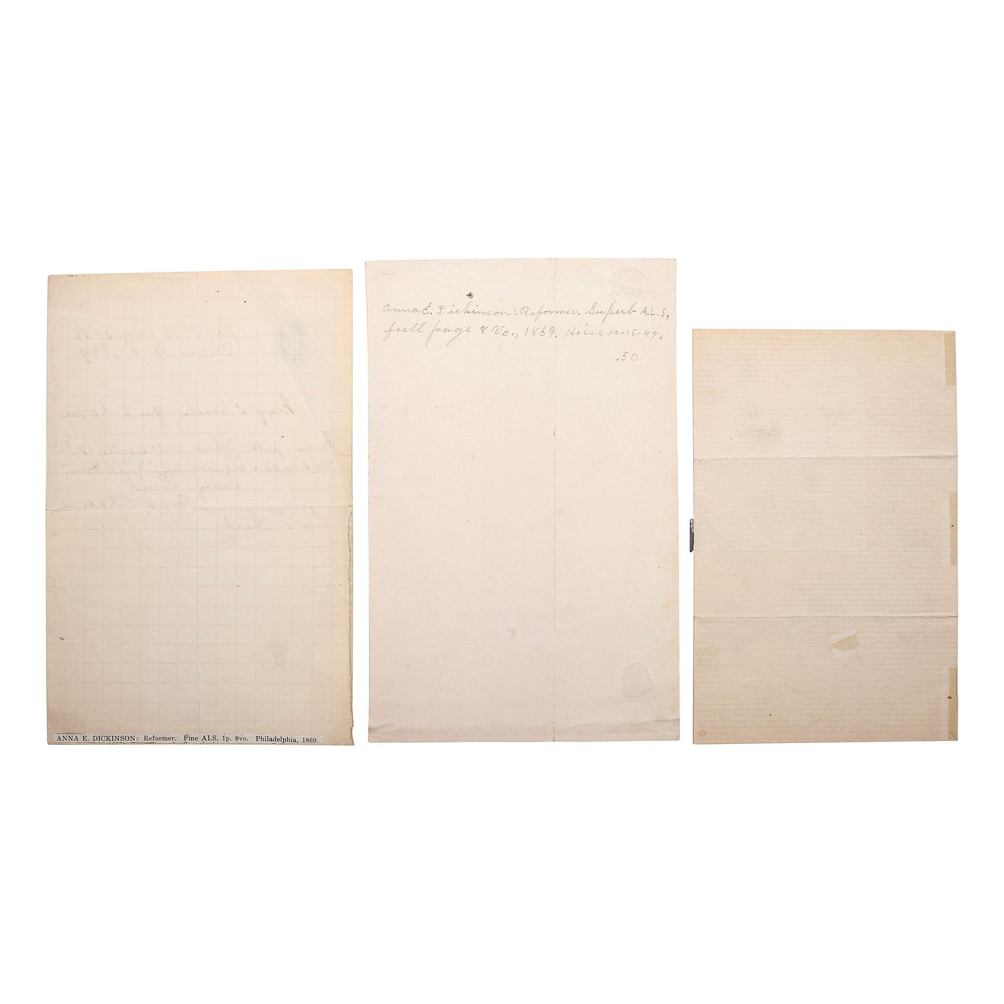 [ABOLITION] -- [WOMEN'S RIGHTS]. DICKINSON, Anna Elizabeth (1842-1932). A group of 3 autograph letters signed and CDV, comprising: