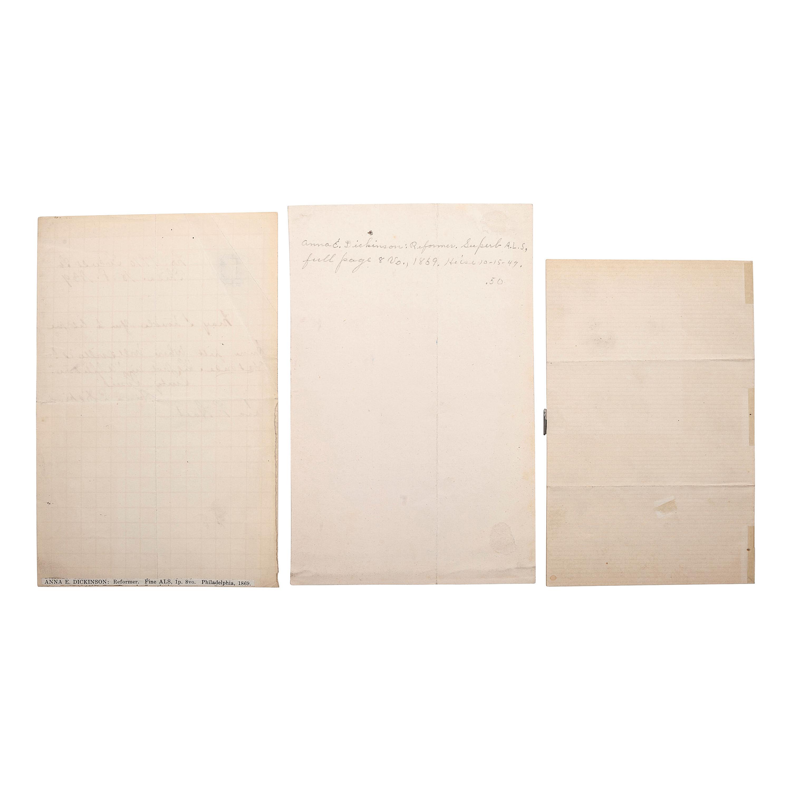 [ABOLITION] -- [WOMEN'S RIGHTS]. DICKINSON, Anna Elizabeth (1842-1932). A group of 3 autograph letters signed and CDV, comprising: