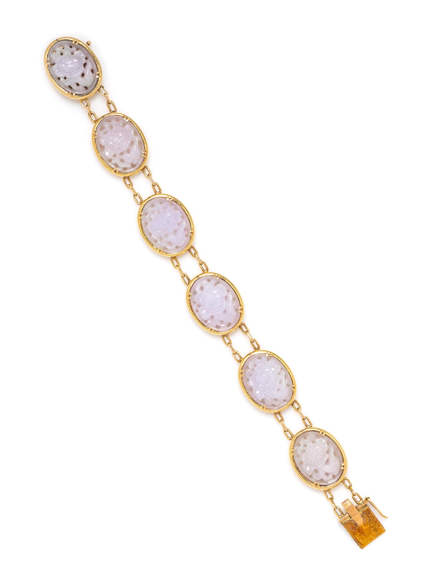 A 14 Karat Yellow Gold and Lavender Jade Bracelet, Gump's, 22.80 dwts.