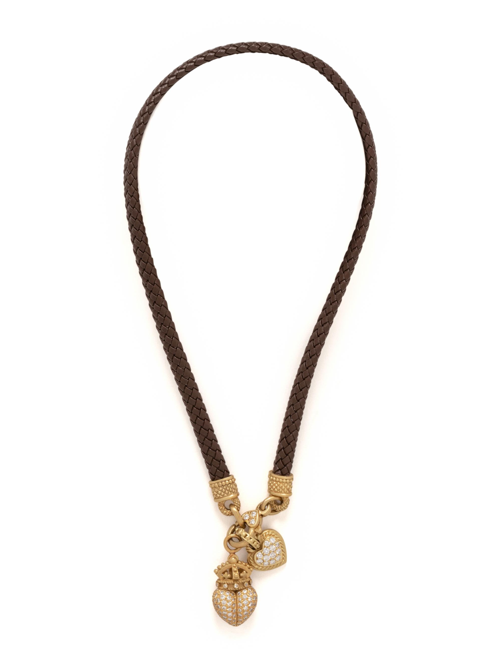 JUDITH RIPKA, LEATHER CORD, YELLOW GOLD AND DIAMOND NECKLACE