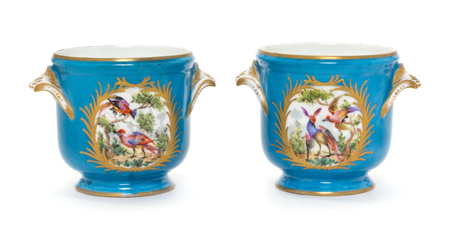 A Pair of Sevres Style Porcelain Cache Pots Height 4 1/2 inches.