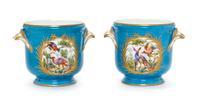 A Pair of Sevres Style Porcelain Cache Pots Height 4 1/2 inches.