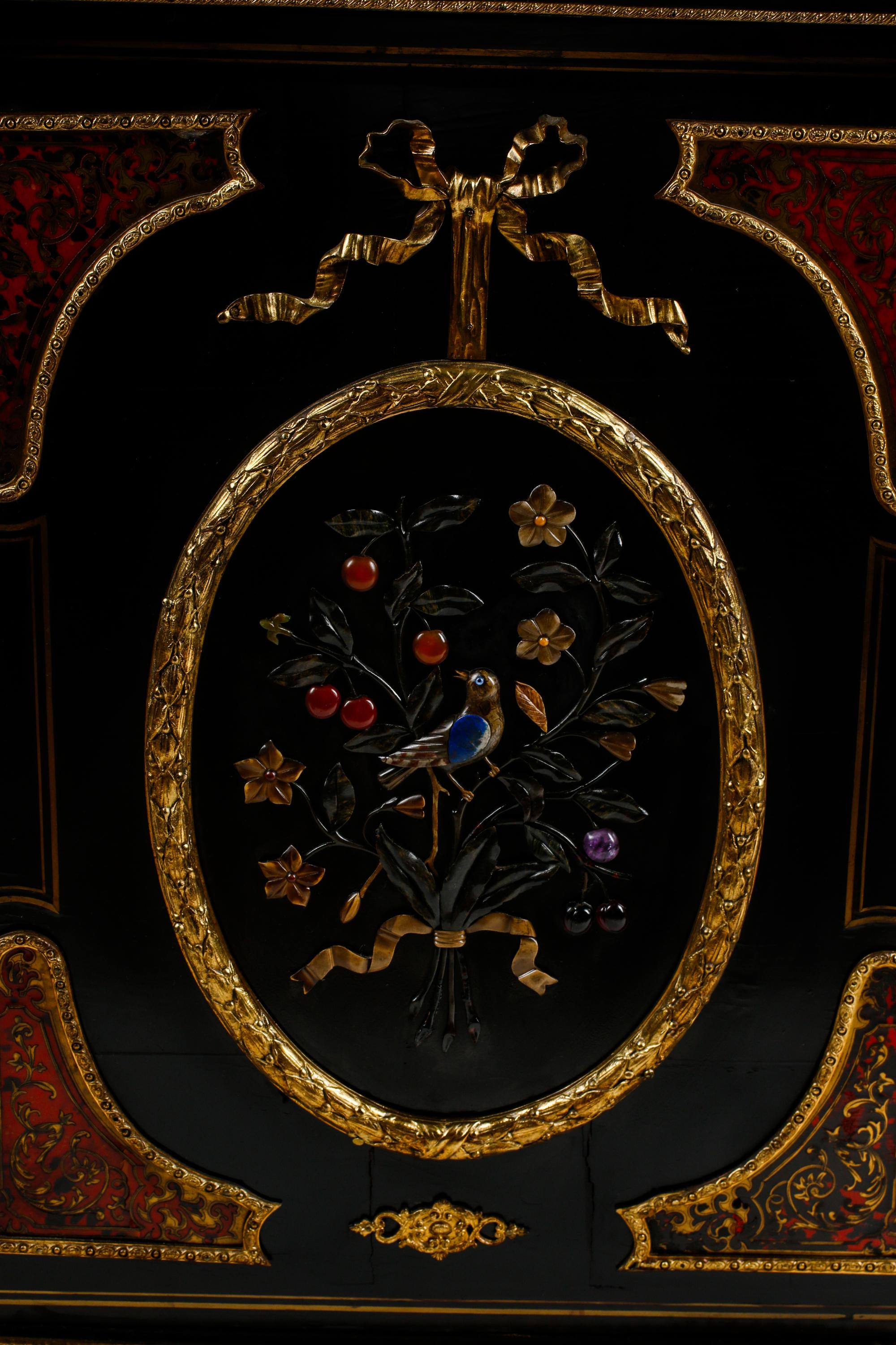 A French Ebonized, Cut Brass Inlaid and Hardstone-Inset Cabinet