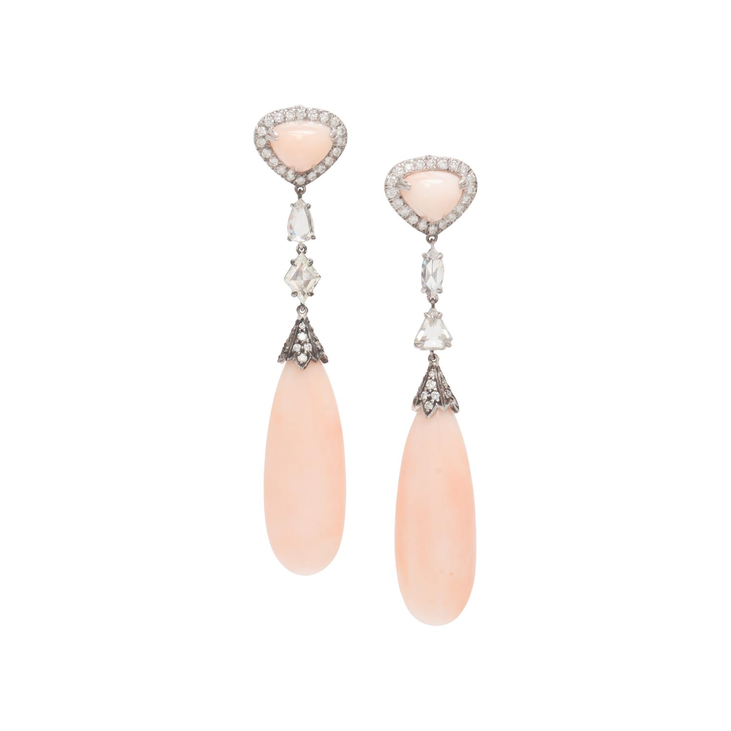LAURA MUNDER, ANGEL SKIN CORAL AND DIAMOND PENDANT EARRINGS