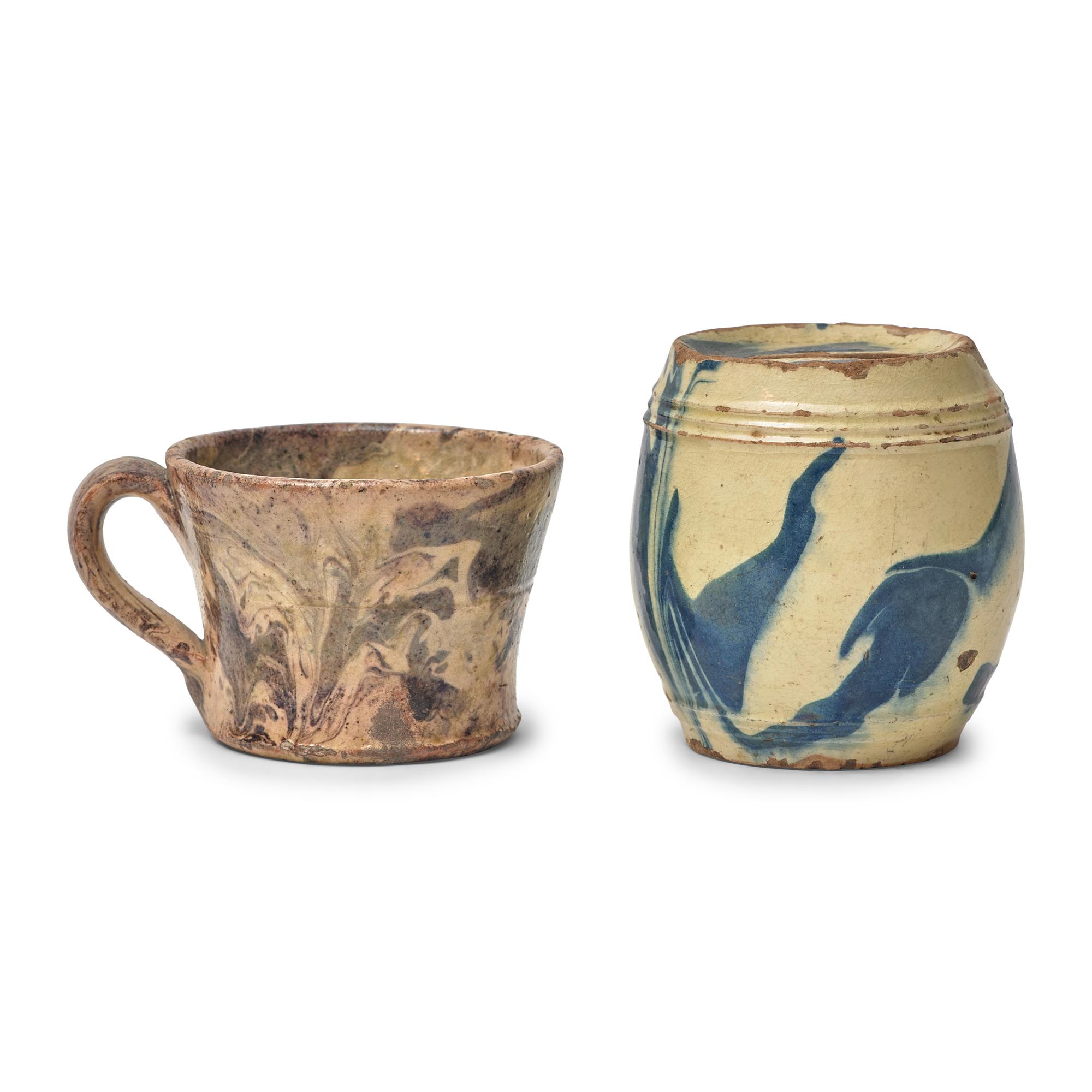 A Slip-Decorated Redware Bank and Mug